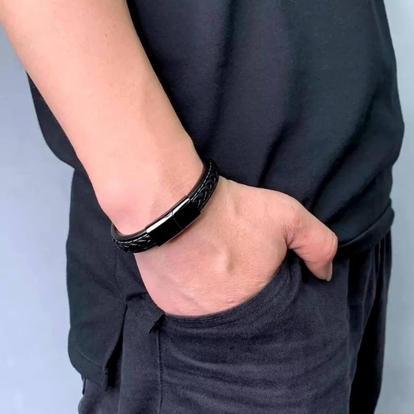 Sporty Theme Black Leather Bracelet