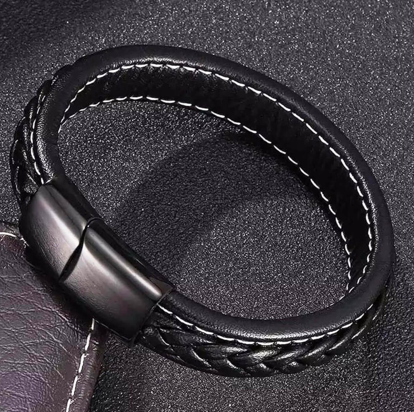 Sporty Theme Black Leather Bracelet