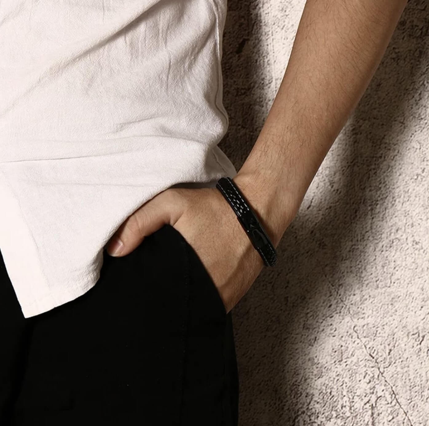 Sporty Theme Black Leather Bracelet