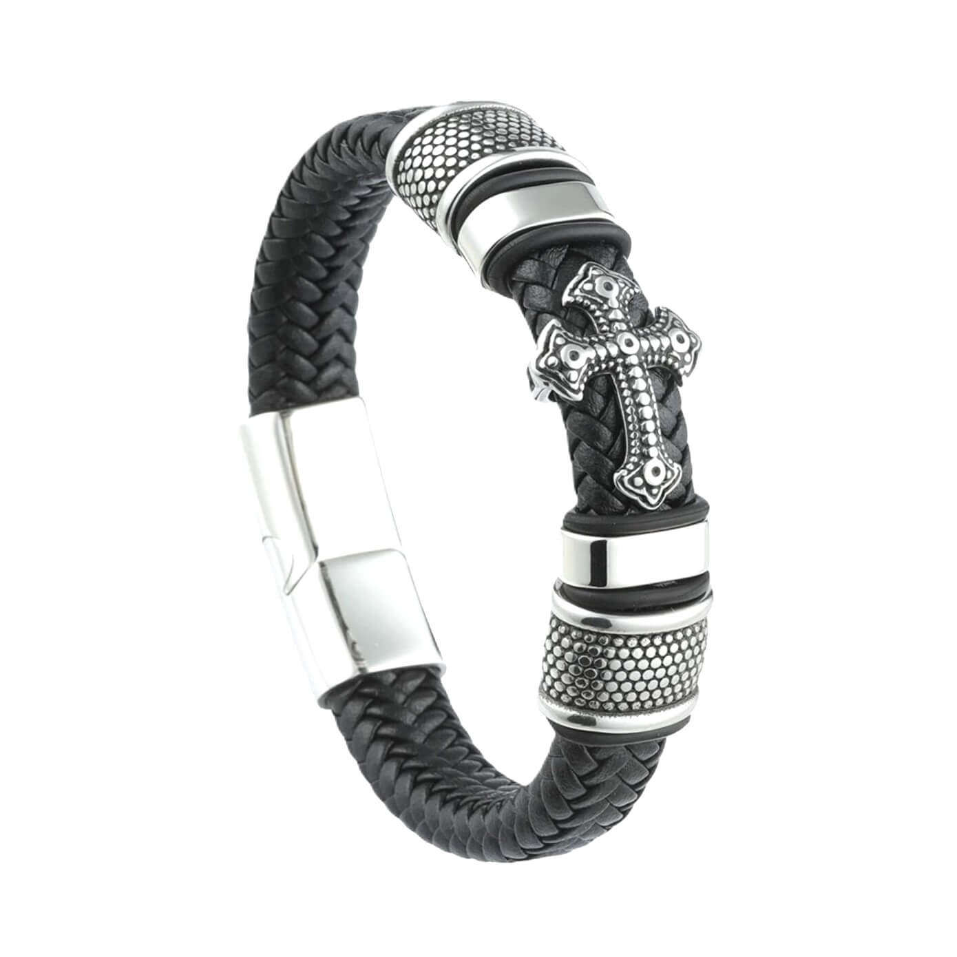 Black Leather Band Mens Cross Bracelet