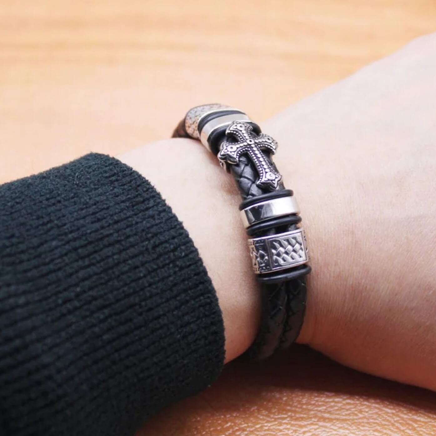 Mens Faith Cross Leather Bracelet