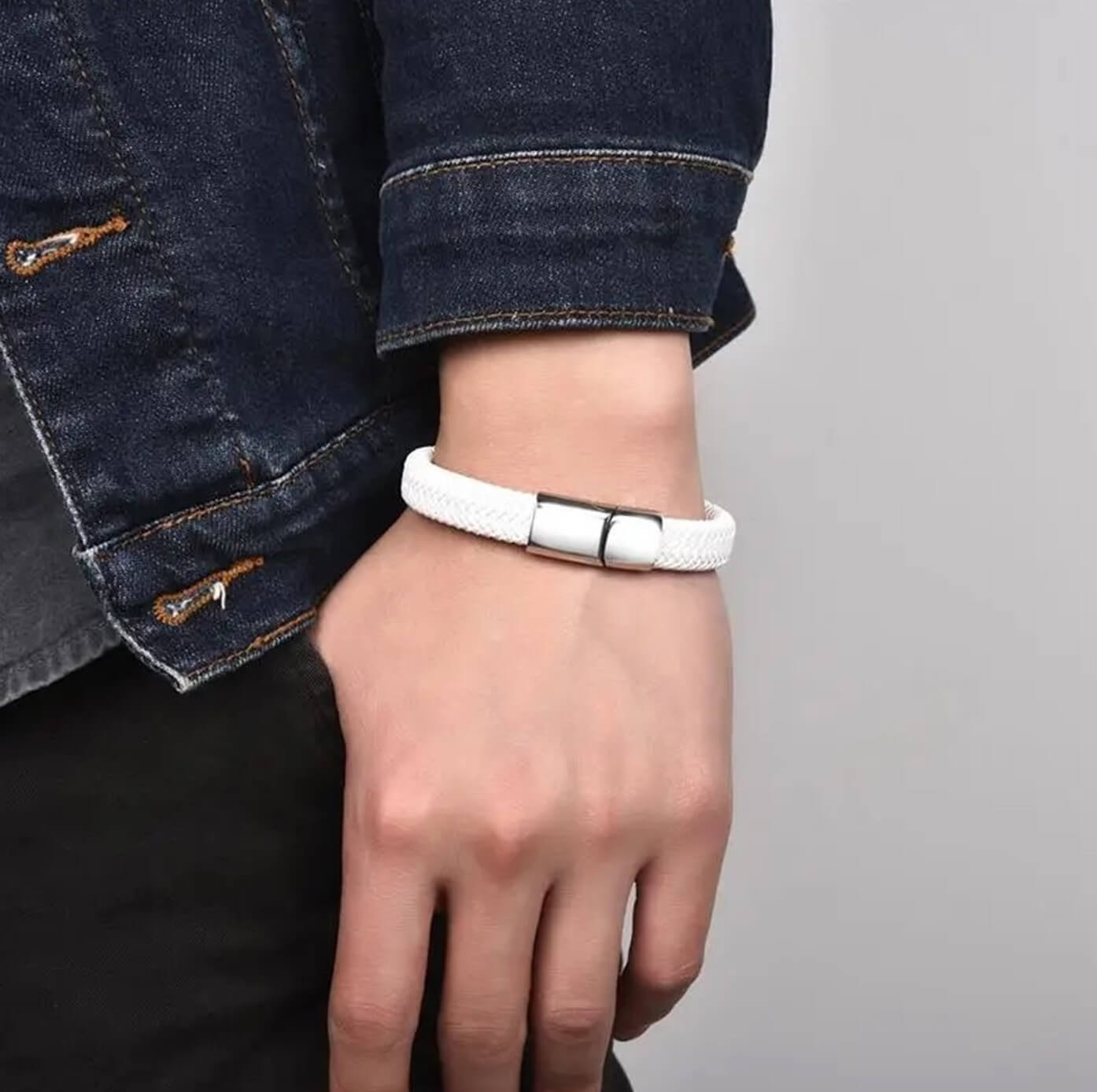 Mens White Exotic Leather Bracelet