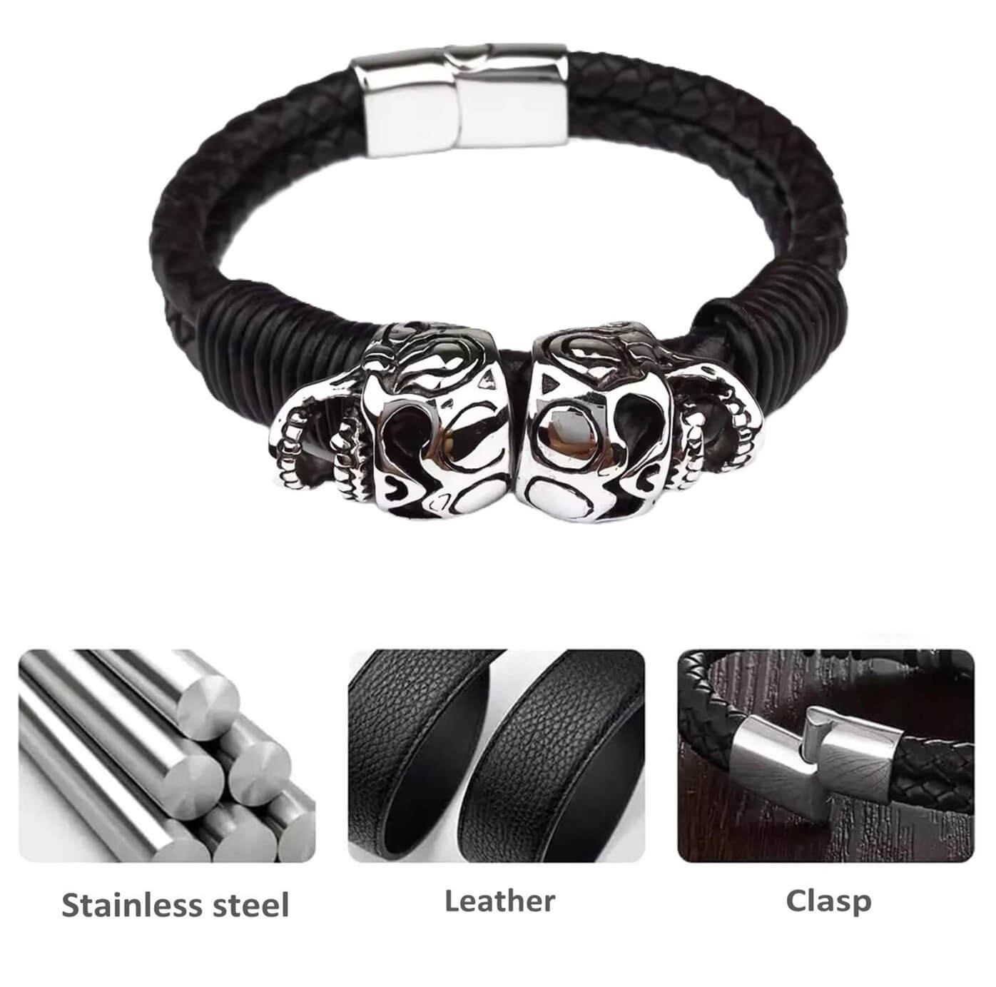 Maxilla Twin Skull Leather Bracelet