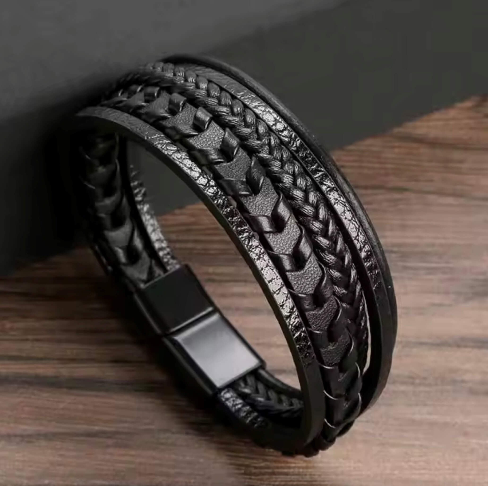 Men’s black leather braided bracelet
