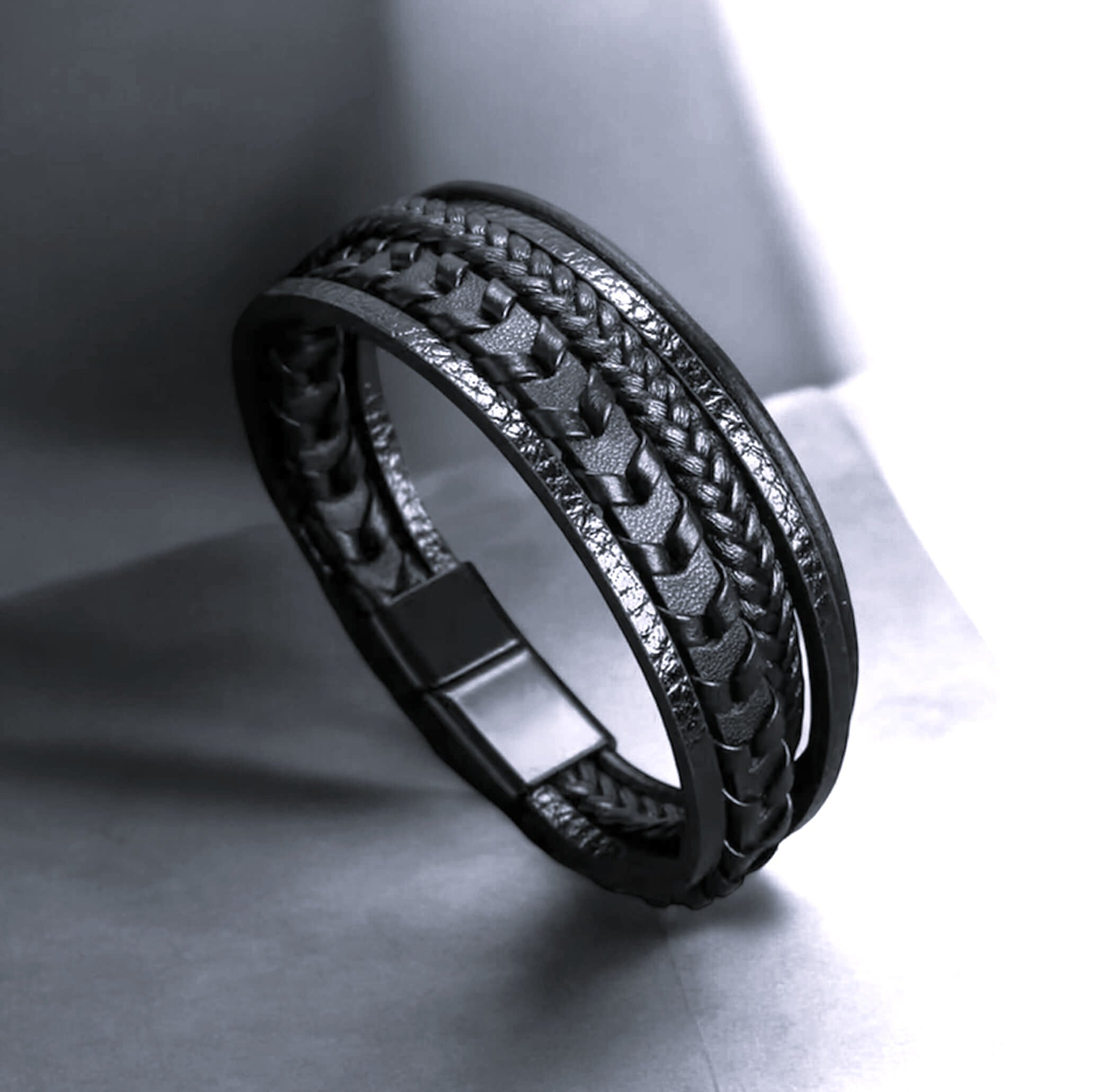 Men’s black leather braided bracelet