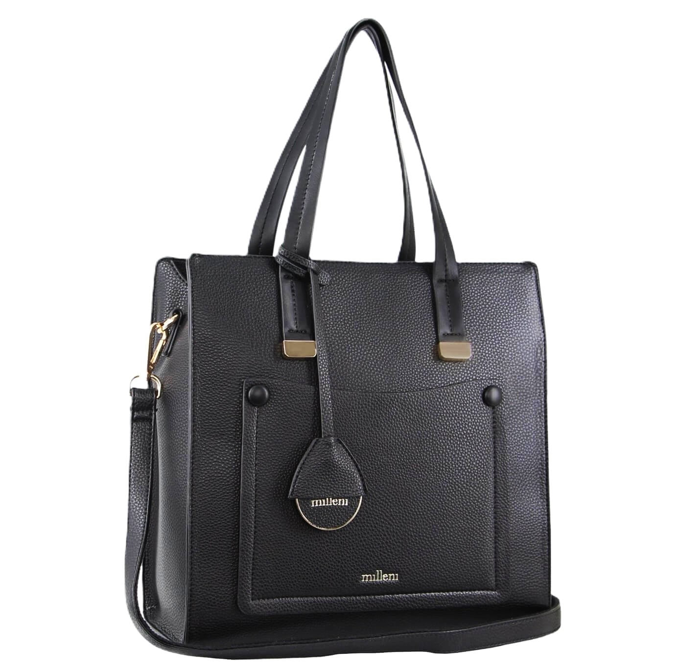 Milleni Vegan Leather Fashion Tote Handbag in Black