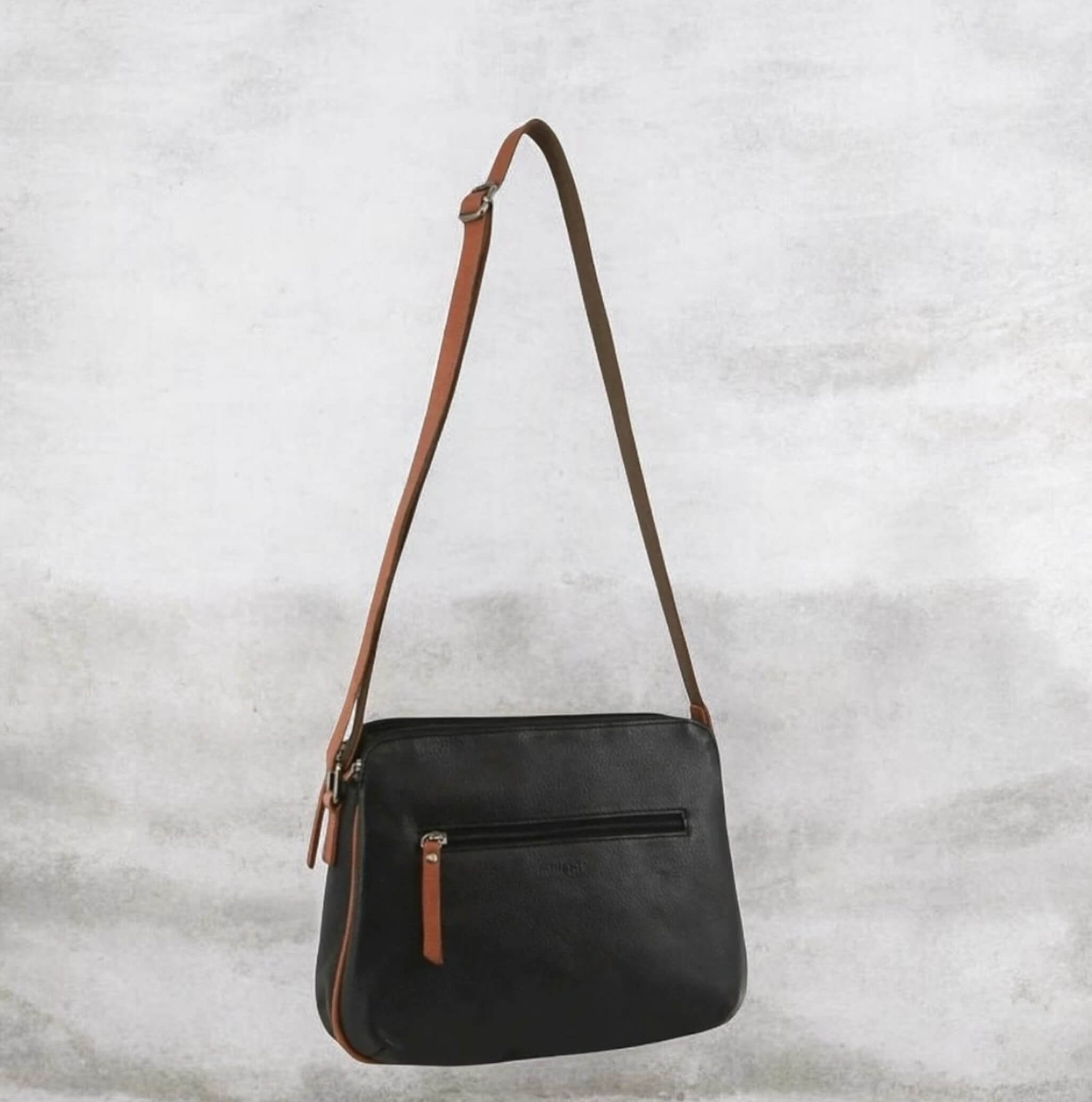 Milleni Ladies Nappa Leather Crossbody Bag in Black/Cognac