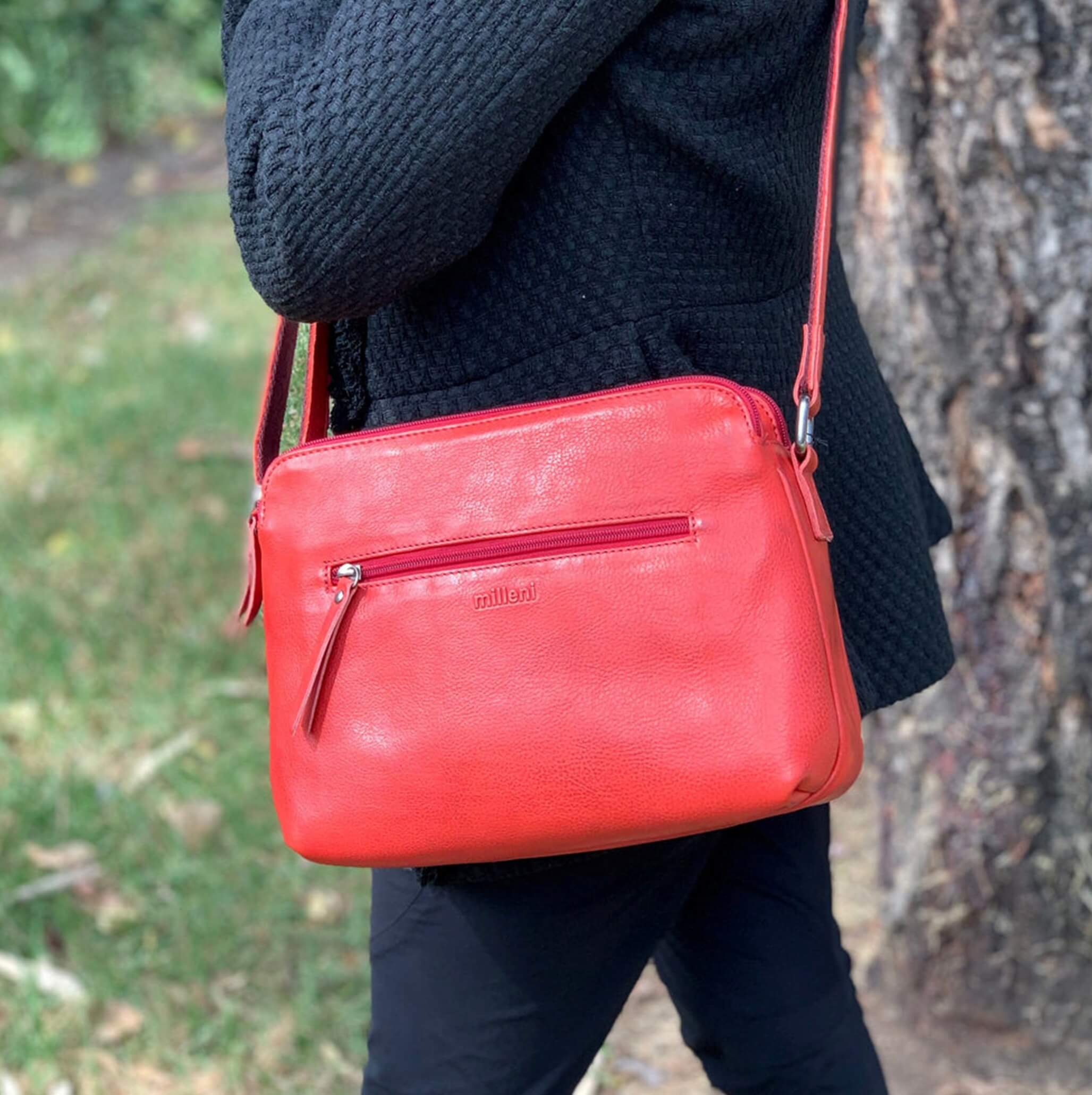 Milleni Ladies Nappa Leather Crossbody Bag in Red