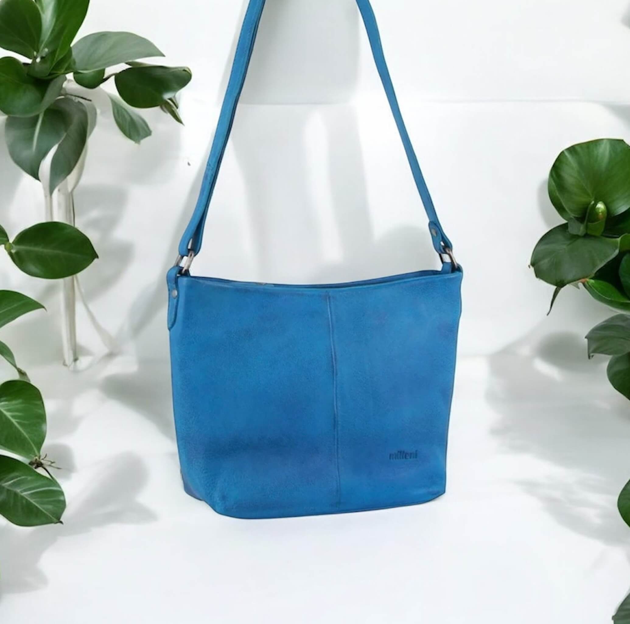 Milleni Ladies Nappa Leather Crossbody Bag in Aqua