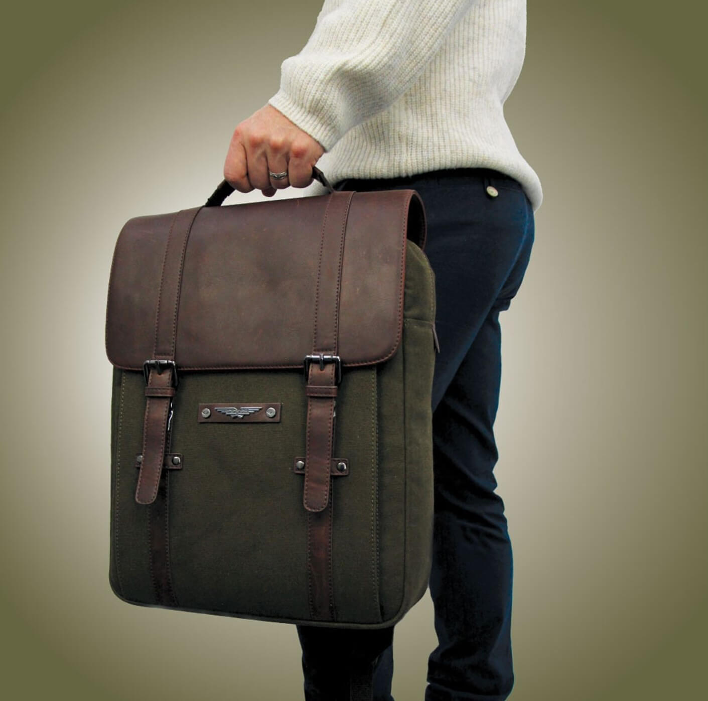 Police Men's Canvas Messenger Backpack in Dark Olive