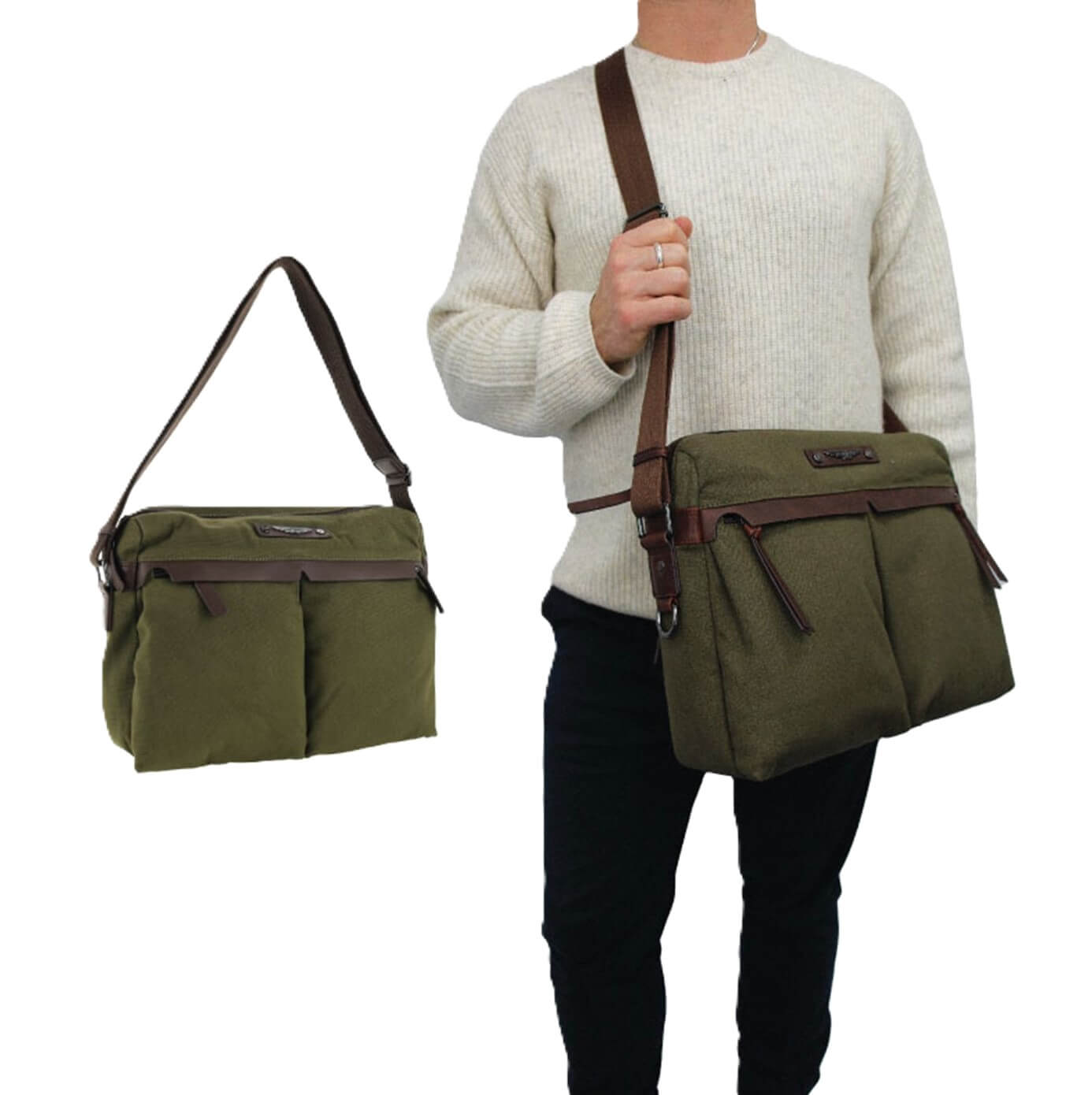 Police Rustic Canvas Men's Messenger Business Bag in Dark Olive