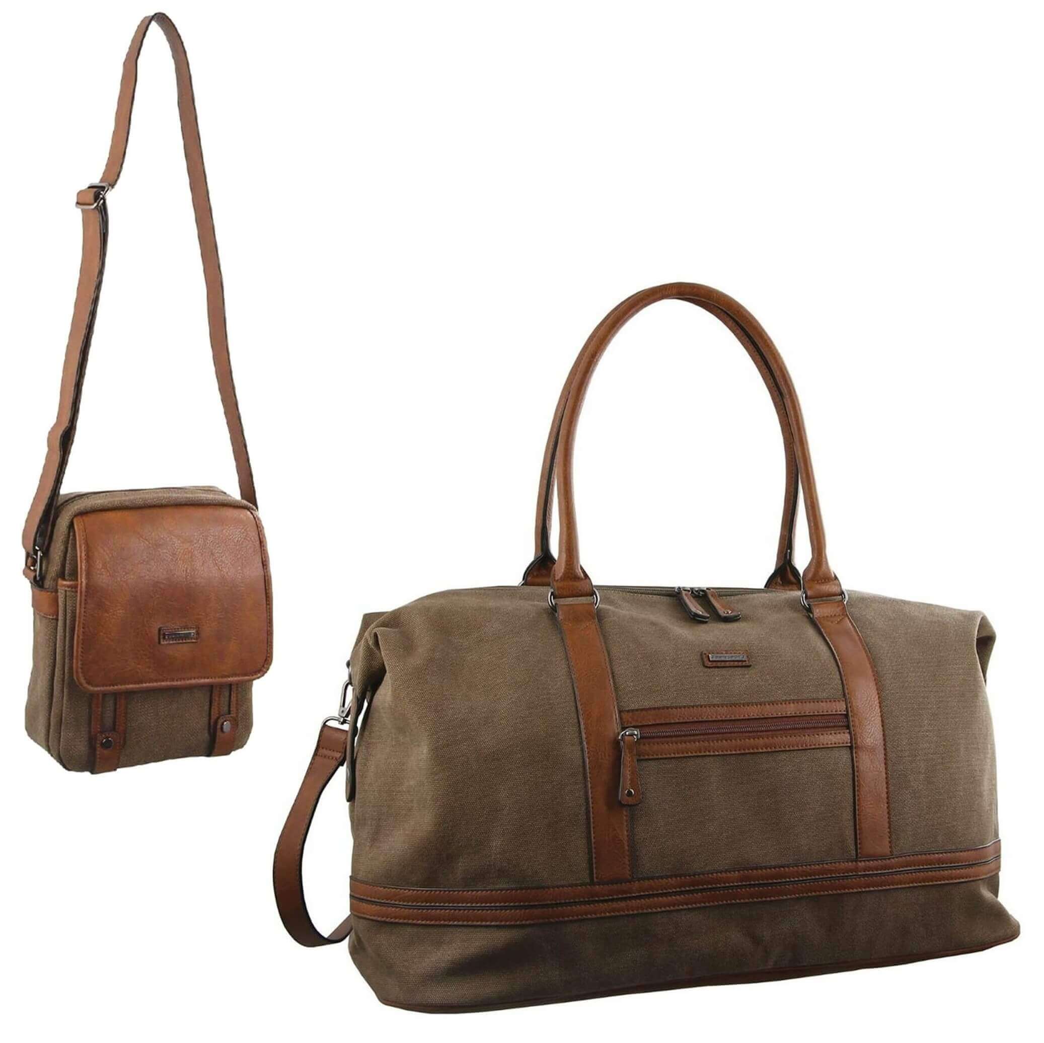 Brown duffel bag with leather accents and a matching crossbody bag on a white background