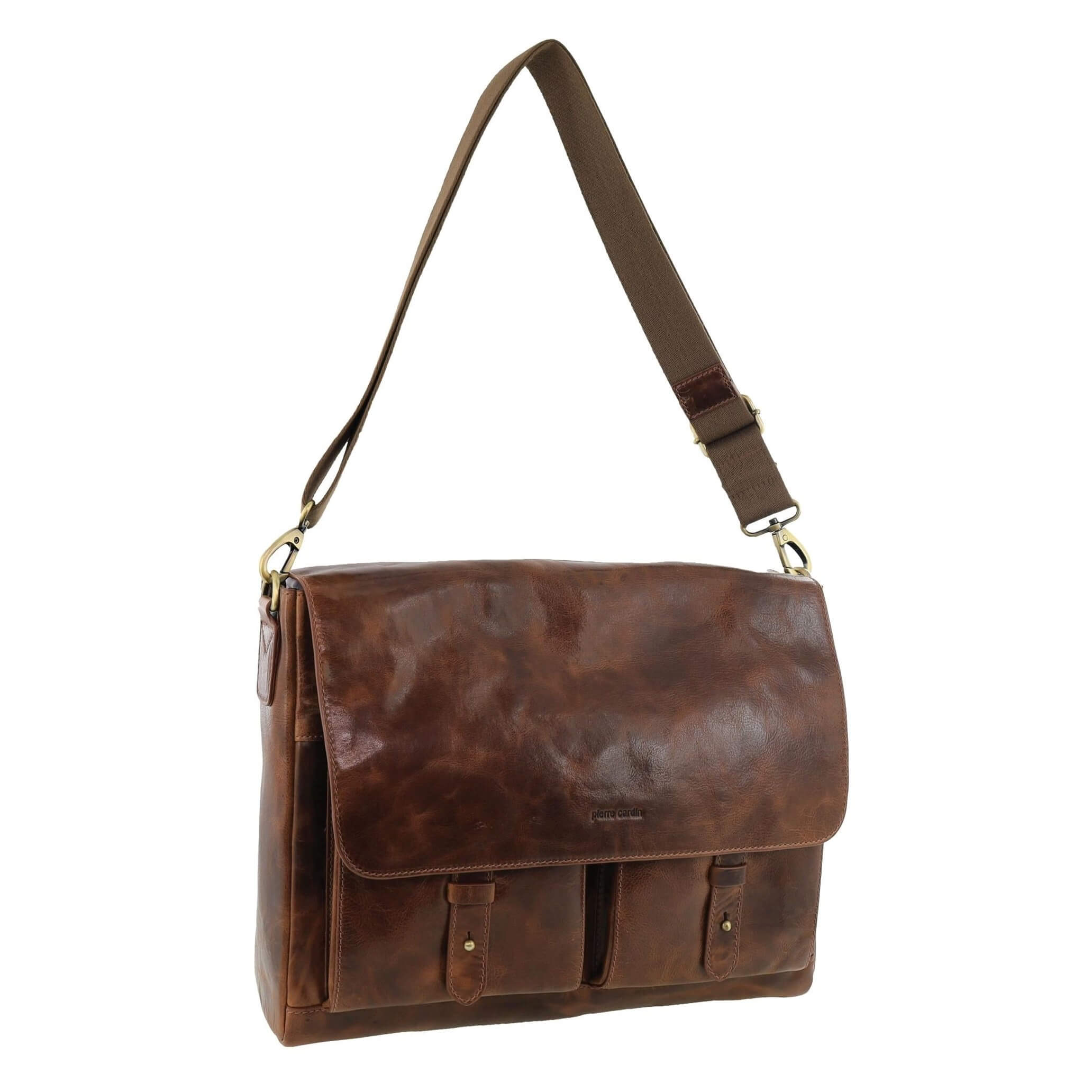 Pierre Cardin Men's Leather Refined Messenger/Computer Bag in Cognac