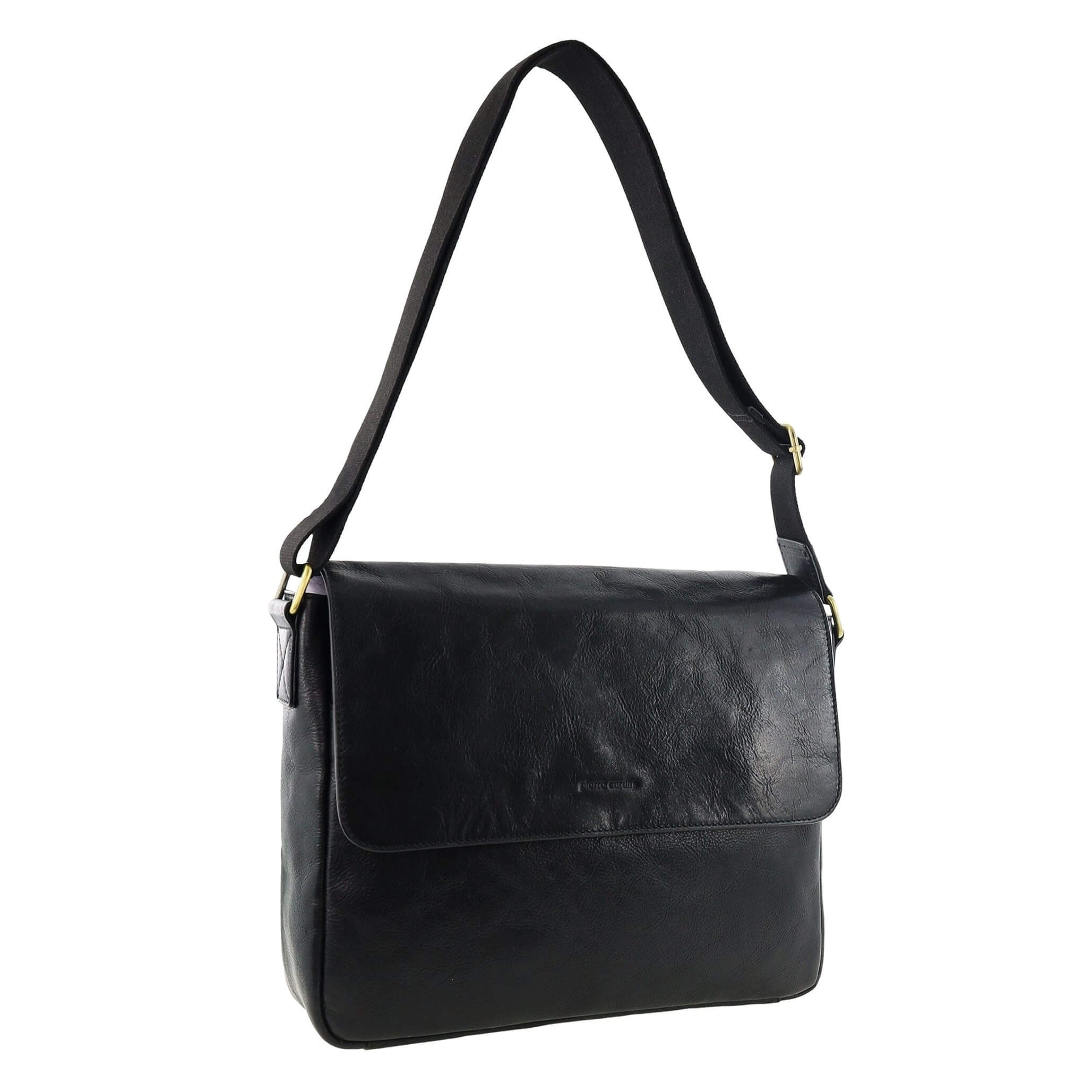 Pierre Cardin Classic Leather Messenger/Laptop Bag in Black