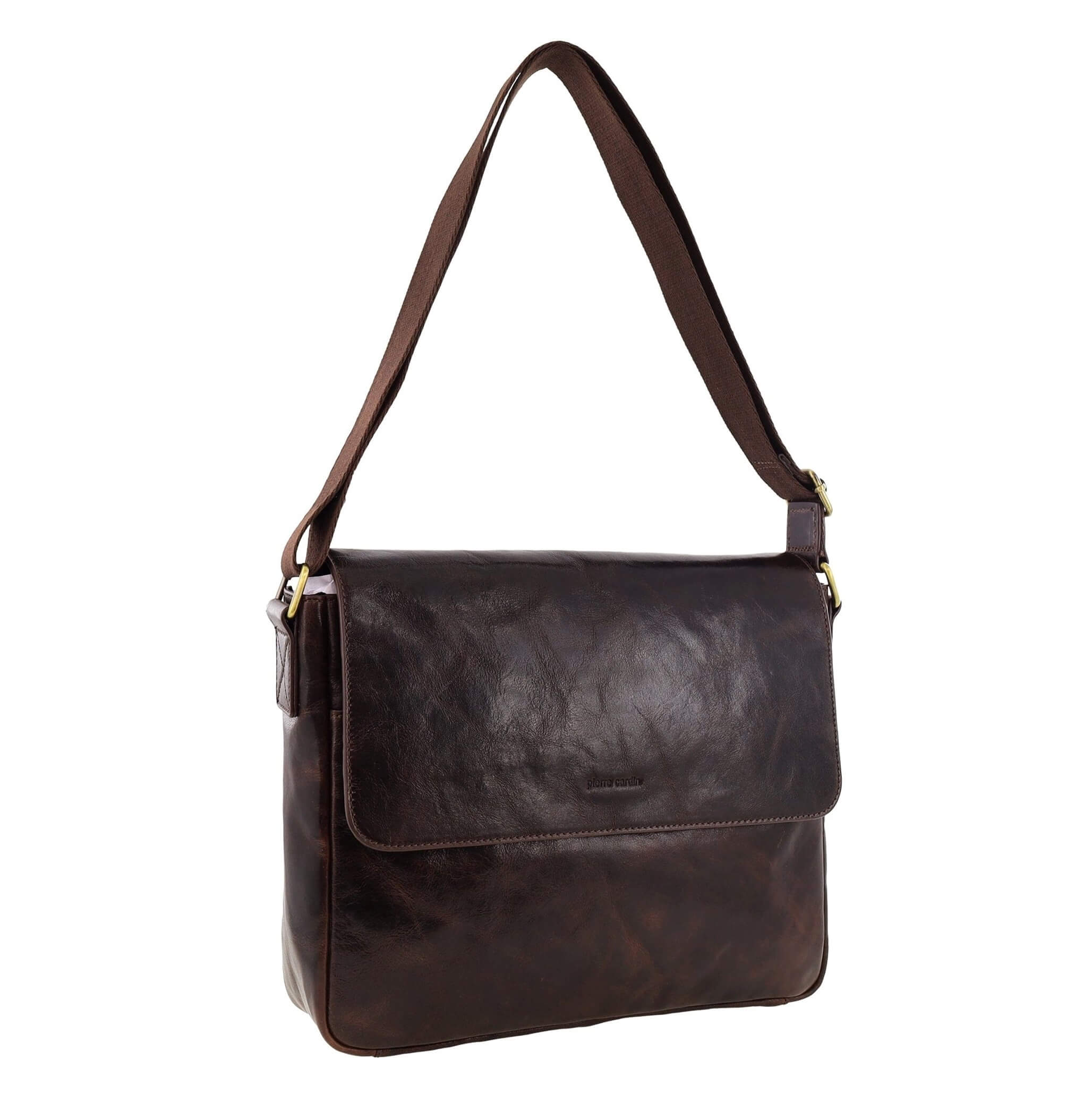 Pierre Cardin Classic Leather Messenger/Laptop Bag in Chocolate