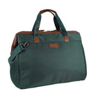 A dark green nylon duffel bag with brown leather handles, trim, and a front brand patch. The brand name Pierre Cardin is visible on the patch.