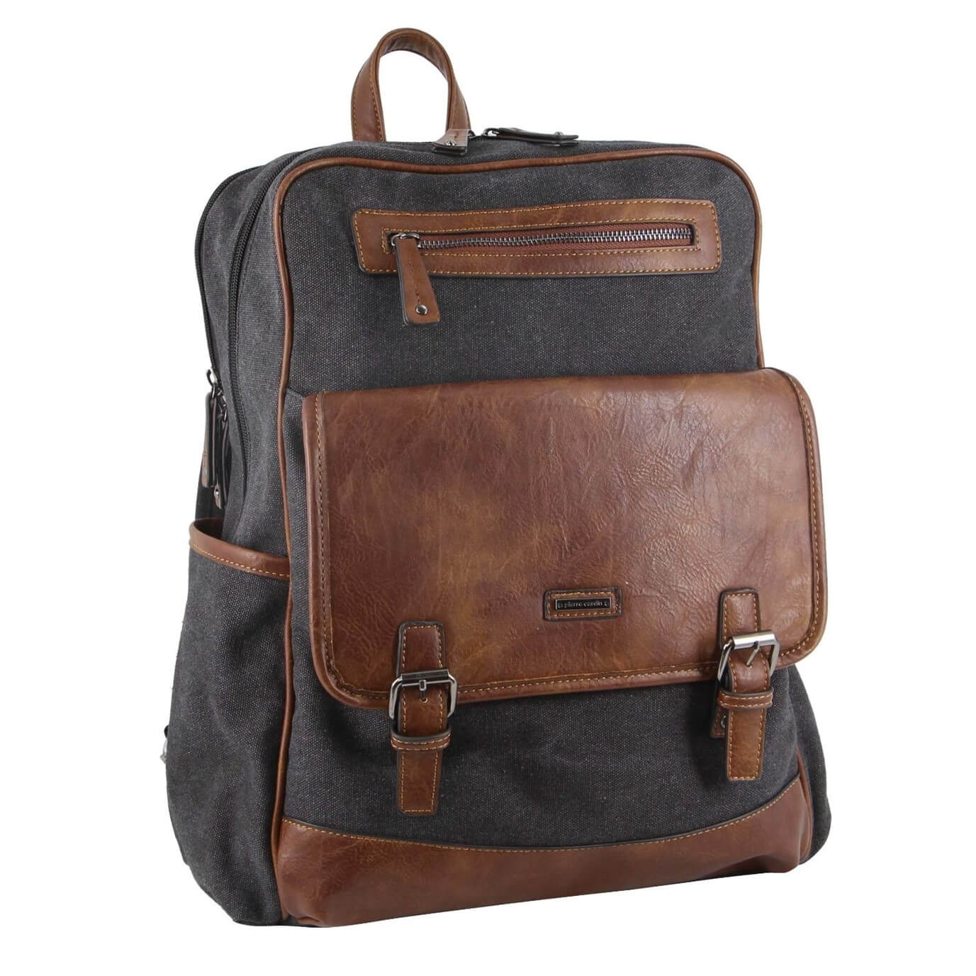 Backpack with black body and brown leather accents on a white background