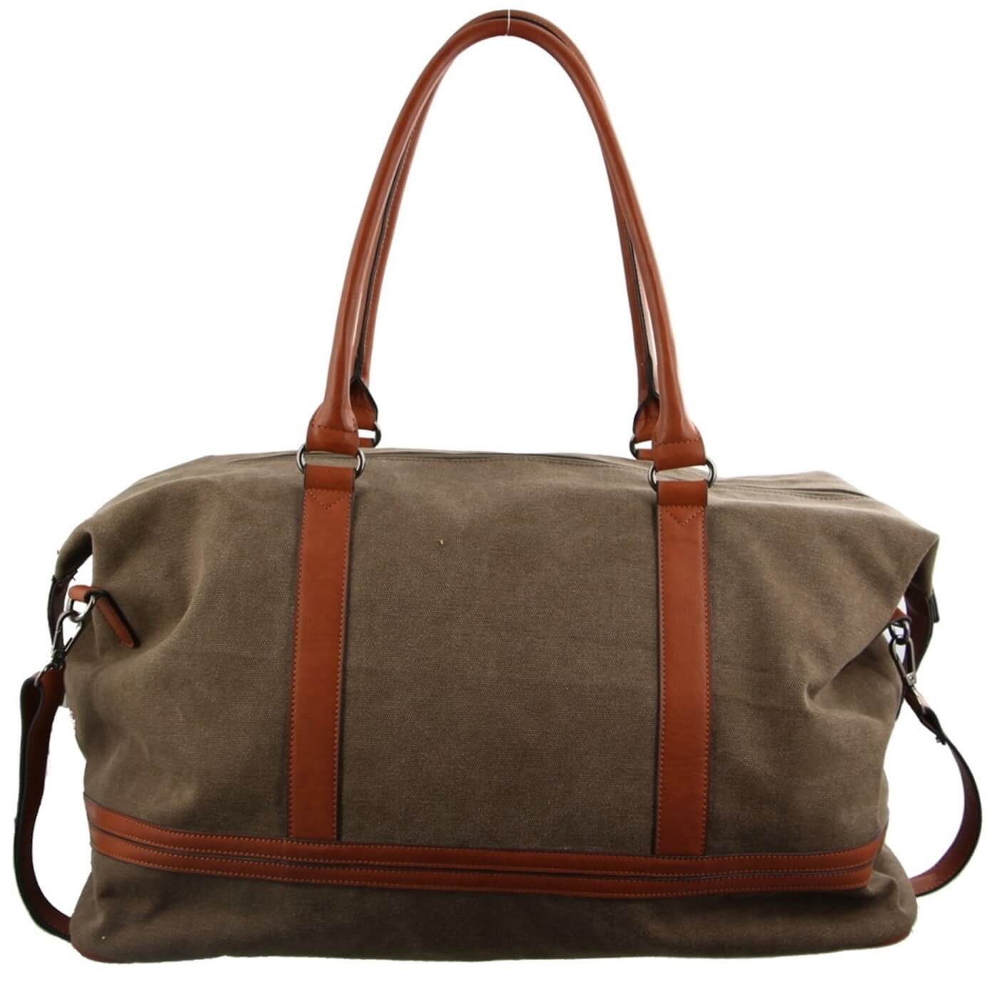 Brown duffel bag with leather straps on a white background