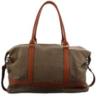 Brown duffel bag with leather straps on a white background