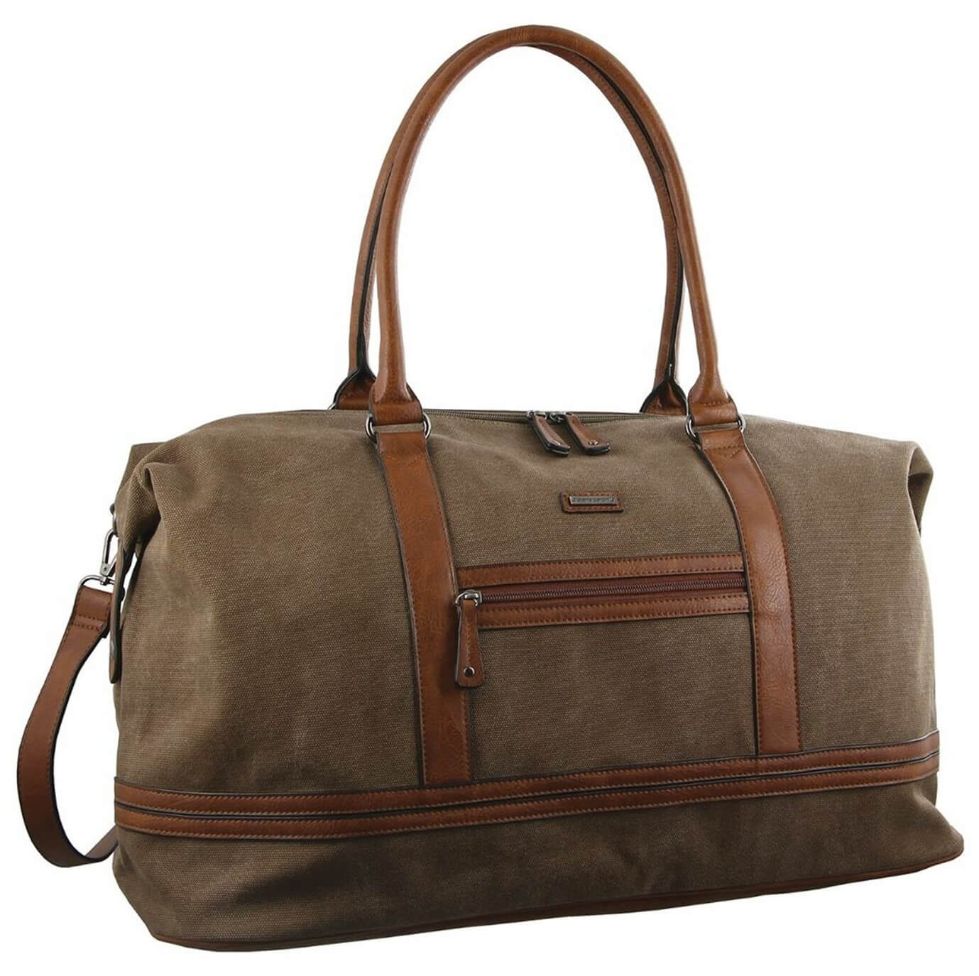 Brown duffel bag with leather straps on a white background