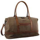 Brown duffel bag with leather straps on a white background