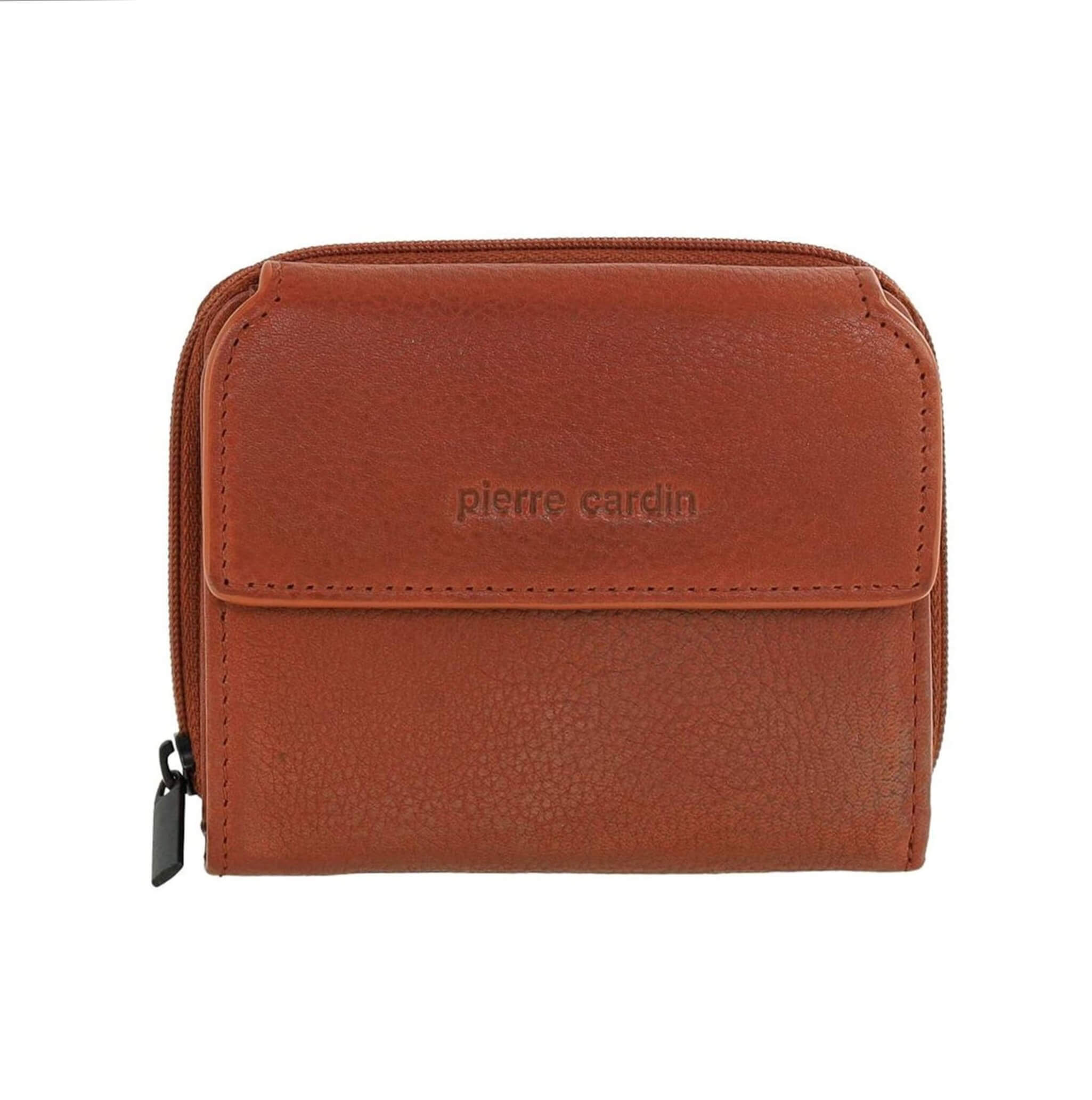 Pierre Cardin Ladies Tri-fold Tab Leather Wallet in Cognac