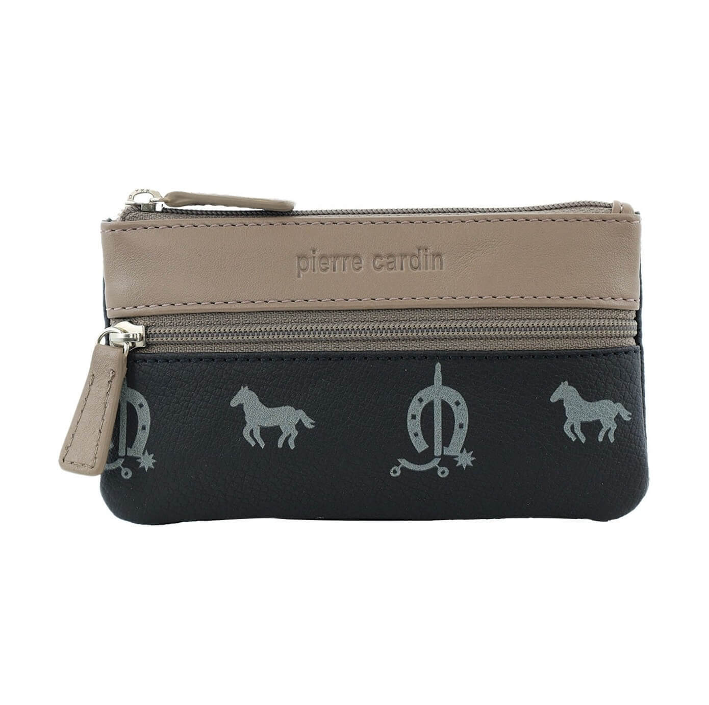 Pierre Cardin Italian Leather Coin Purse/Key Holder in Black-Taupe