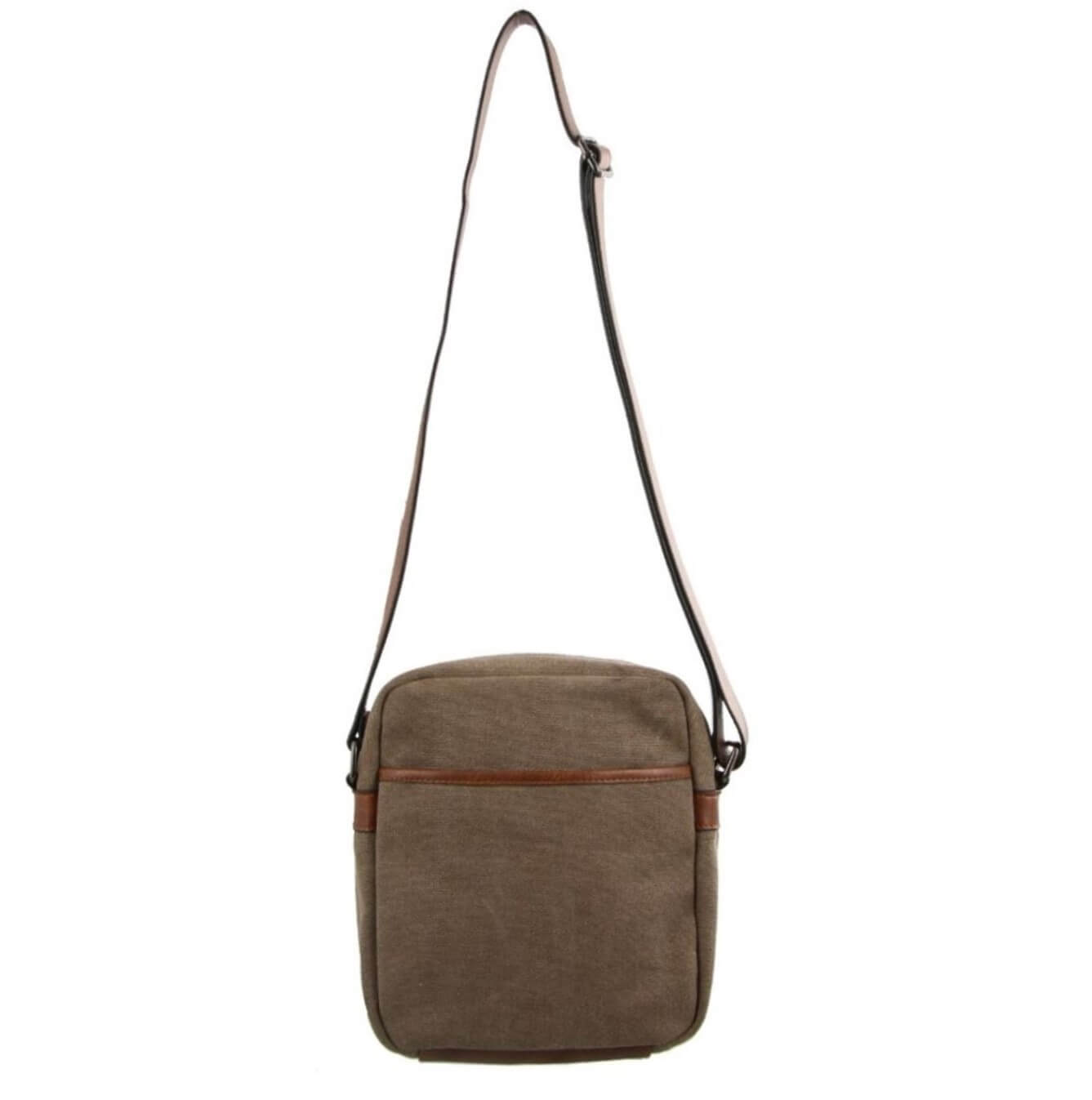 Brown canvas crossbody bag with a strap on a white background