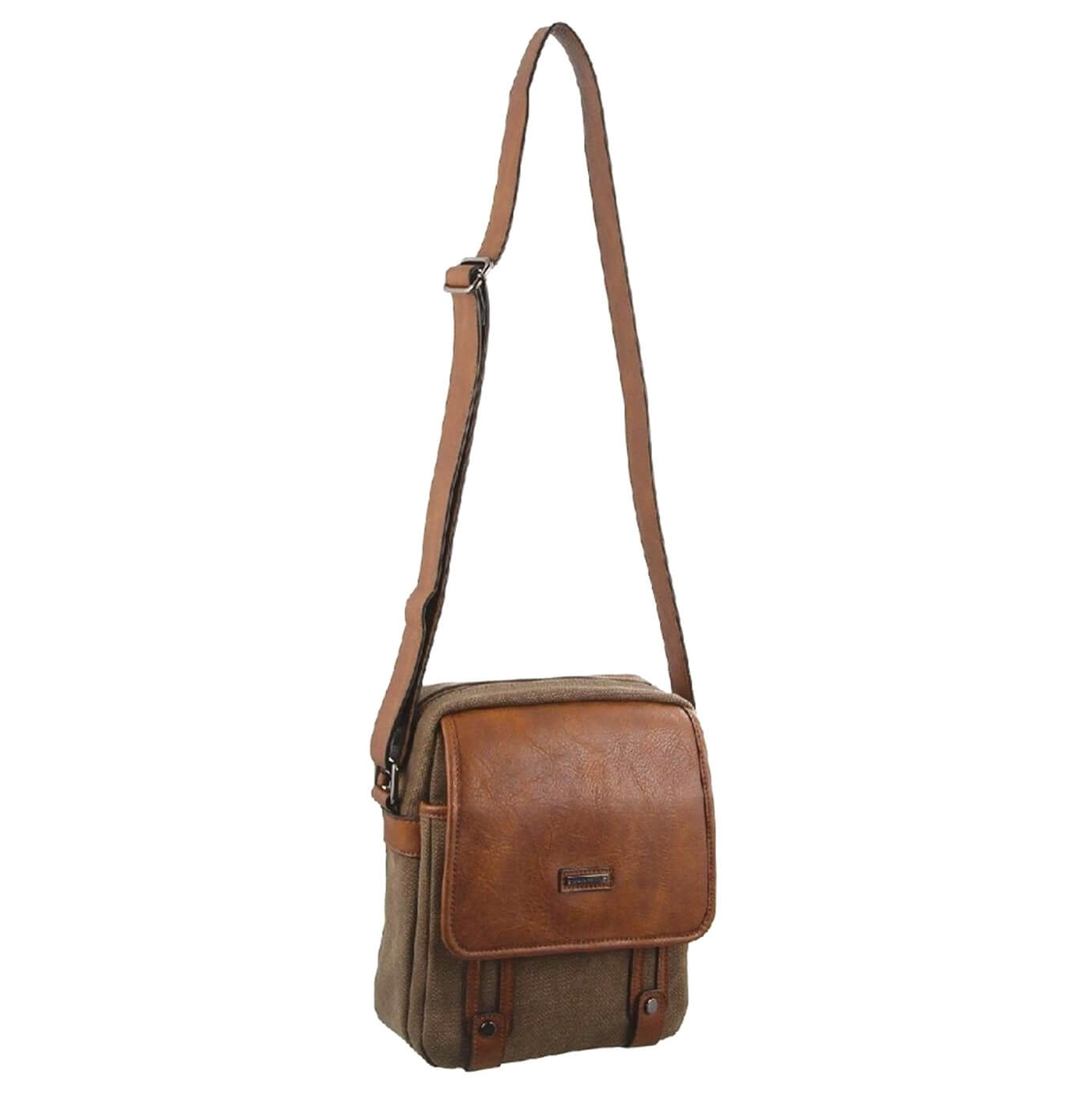 Brown leather crossbody bag on a white background