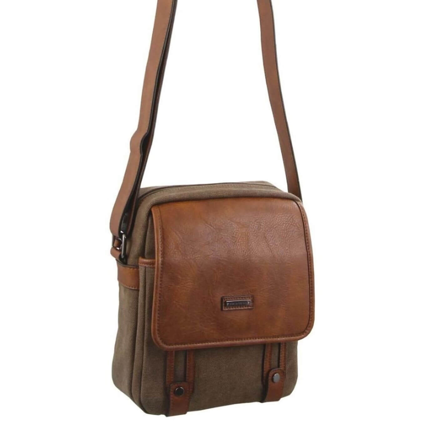 Brown leather and fabric crossbody bag on a white background