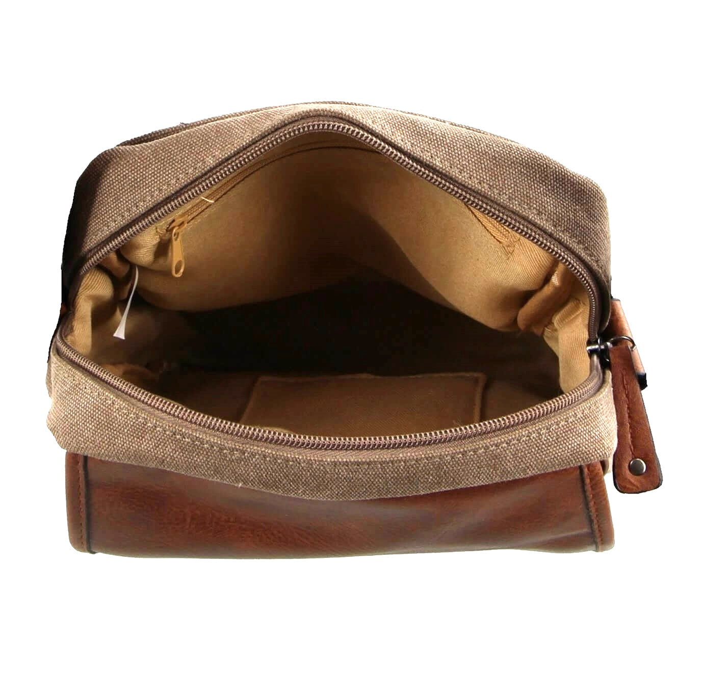 Brown leather and canvas toiletry bag with open top on a white background