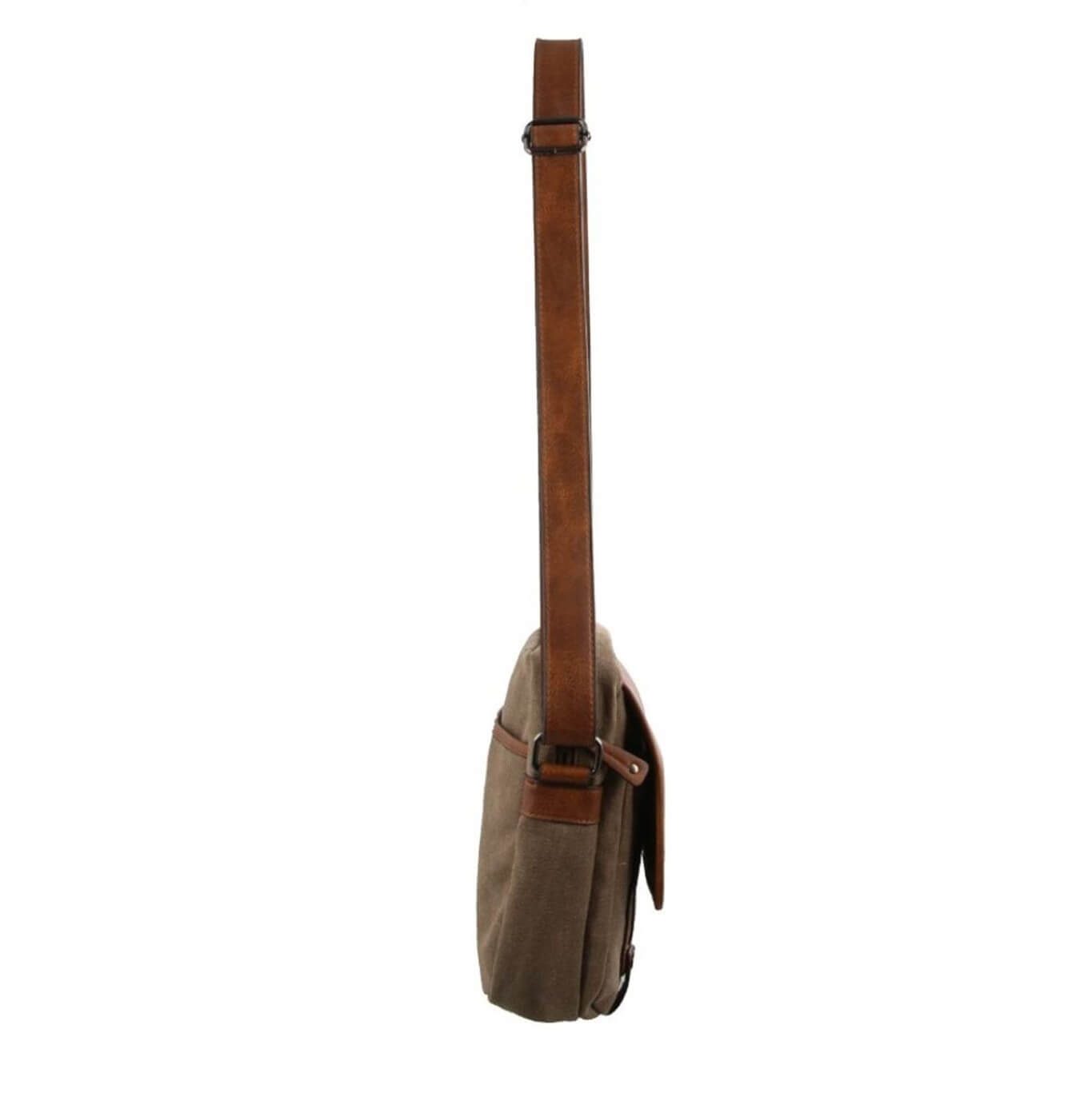Brown leather bag with a strap on a white background