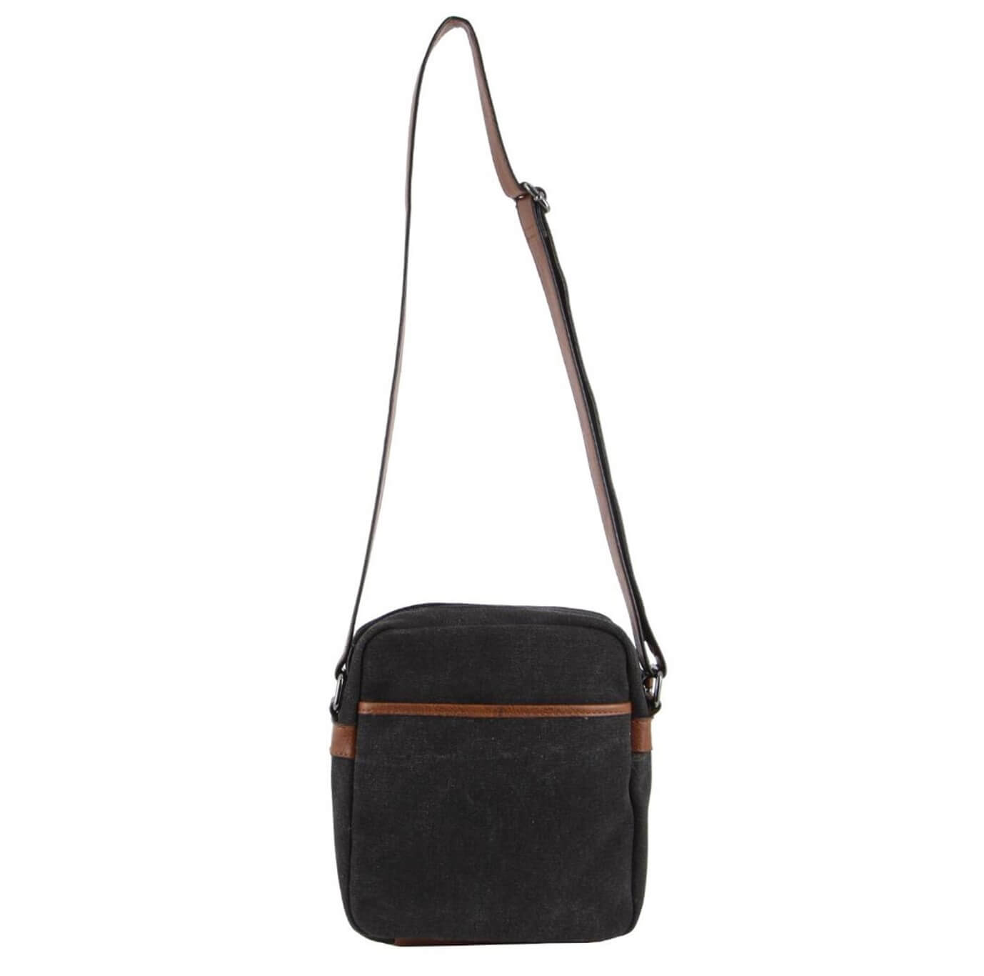 Black crossbody bag with brown leather accents on a white background