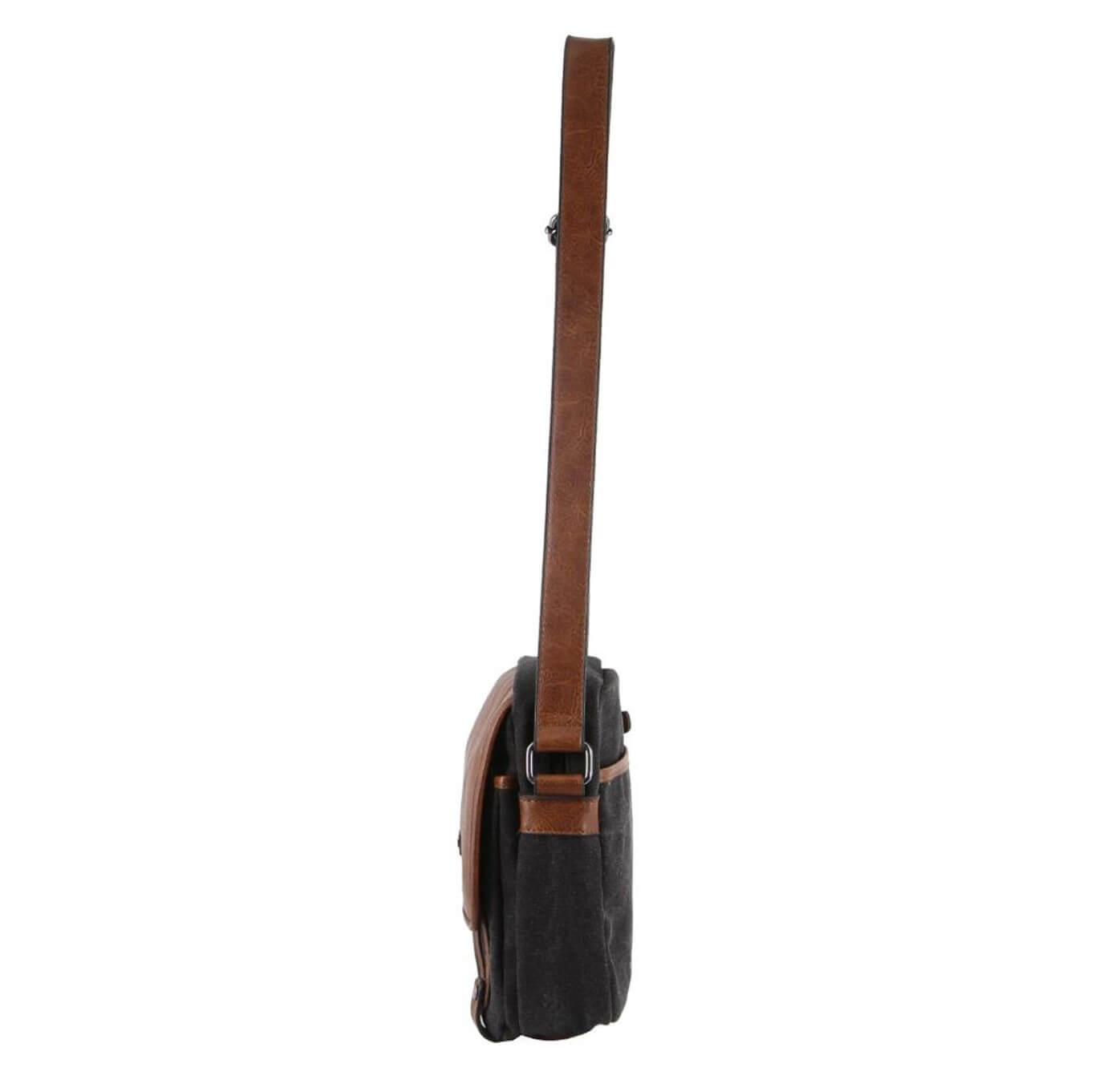 Black bag with a brown leather strap on a white background