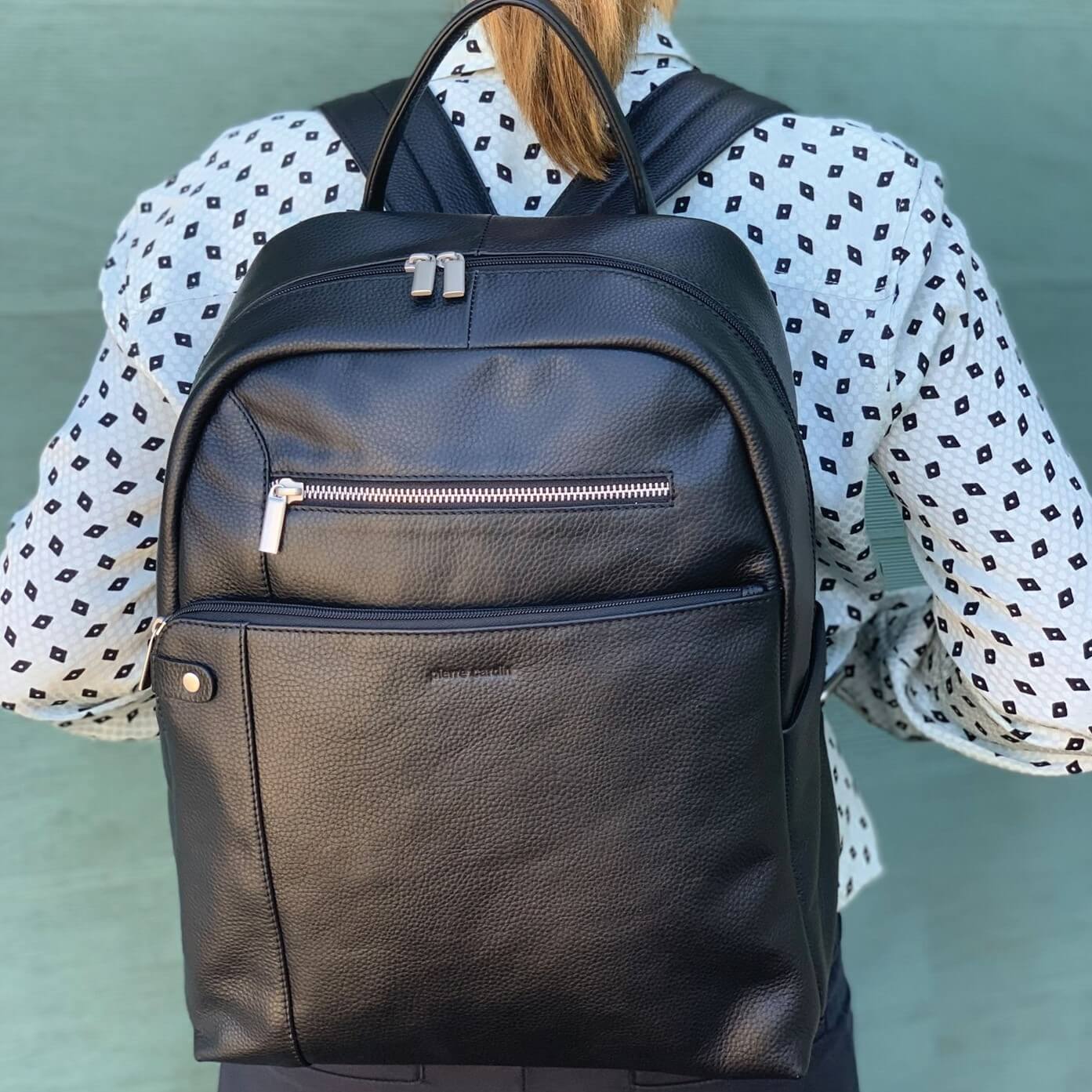 Pierre Cardin Unisex Leather Laptop-Business Backpack in Black