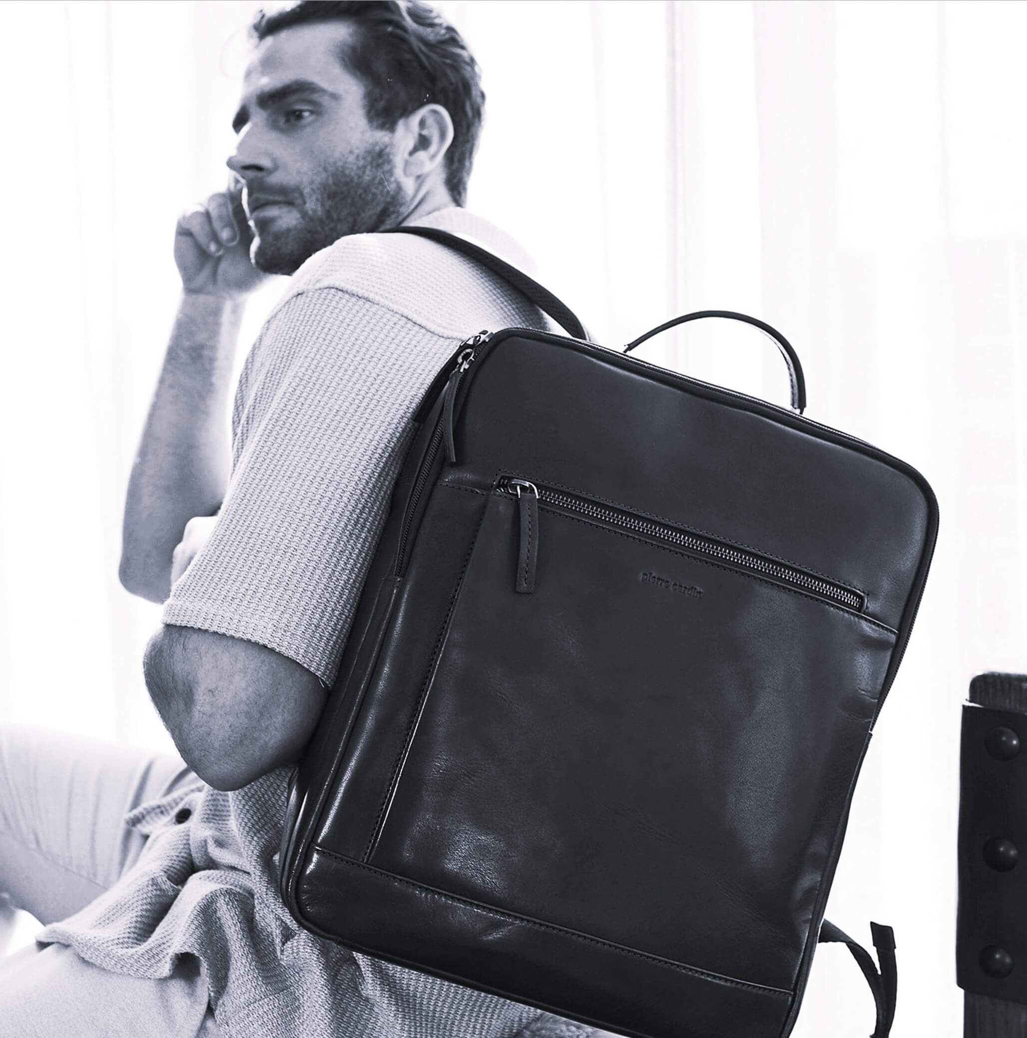 Pierre Cardin Italian Leather Business-Laptop Backpack in Black