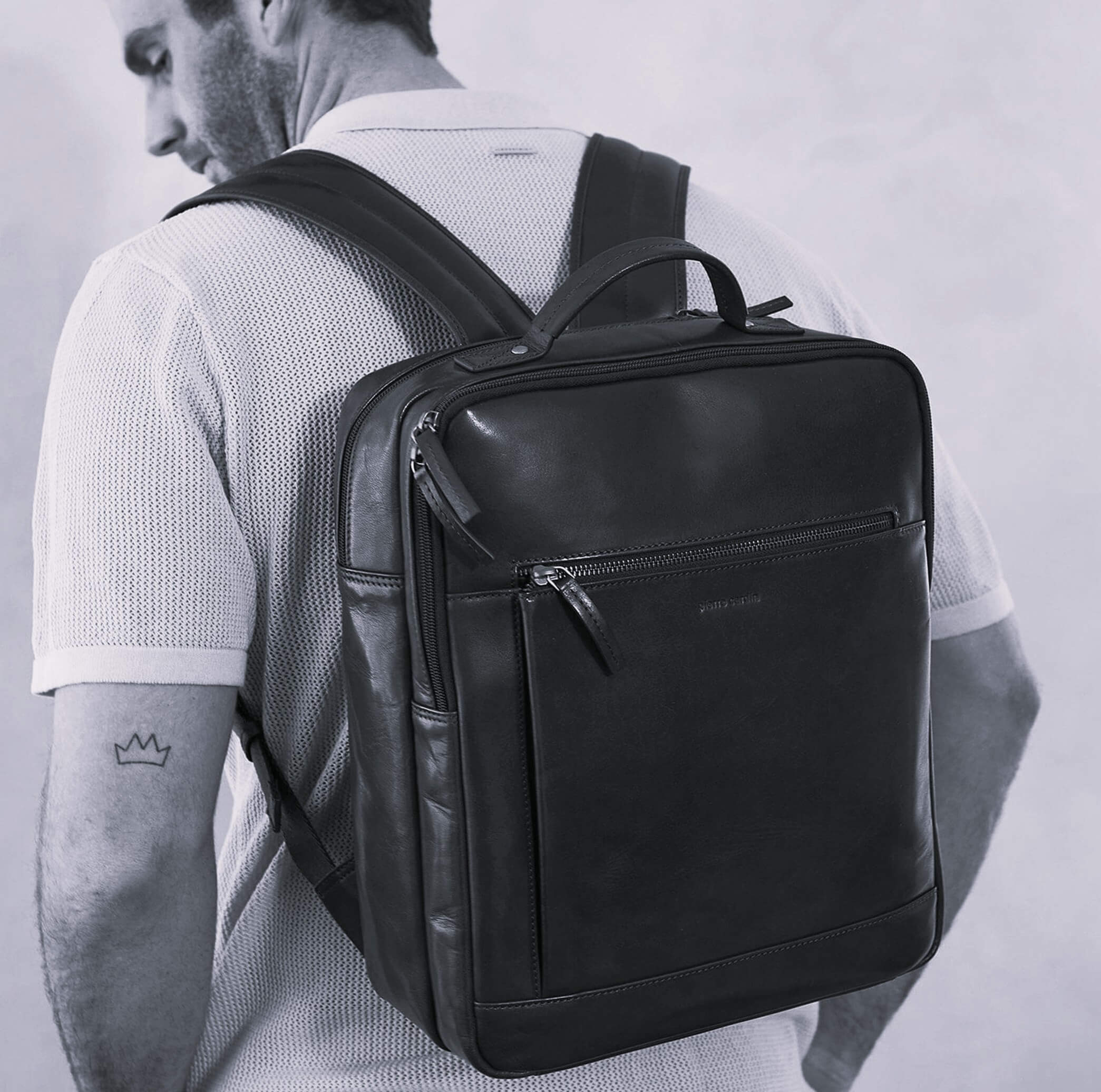 Pierre Cardin Italian Leather Business-Laptop Backpack in Black