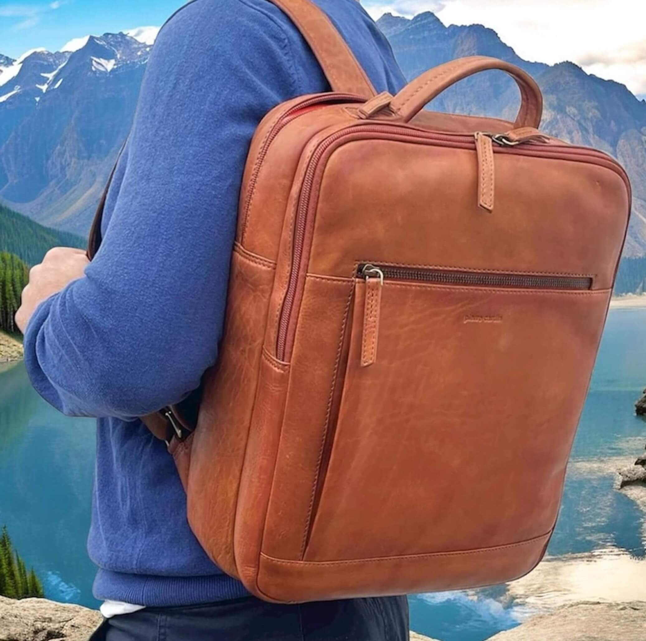 Pierre Cardin Italian Leather Business-Laptop Backpack in Cognac