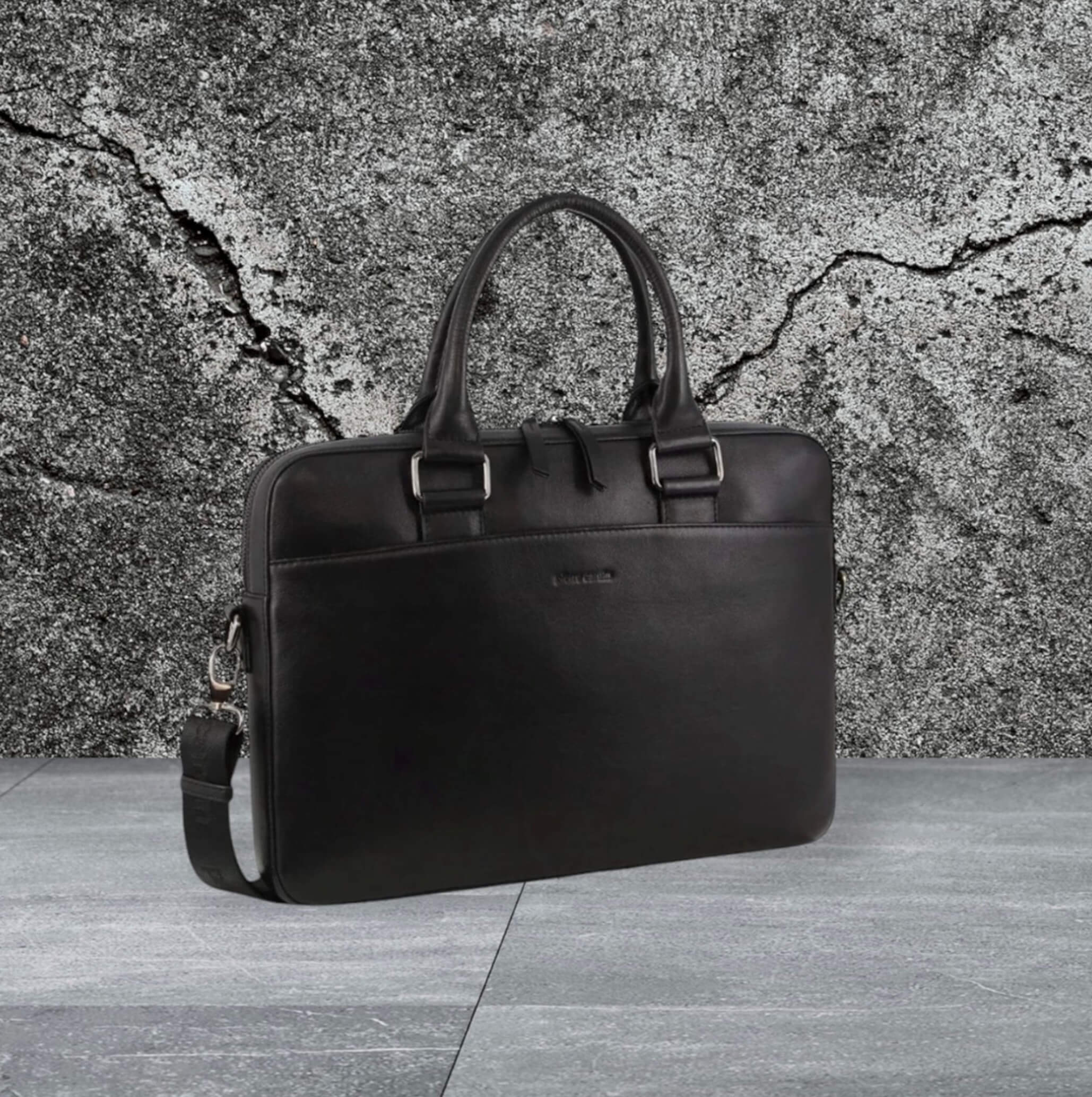 Pierre Cardin Italian Leather Business-Laptop Bag in Black