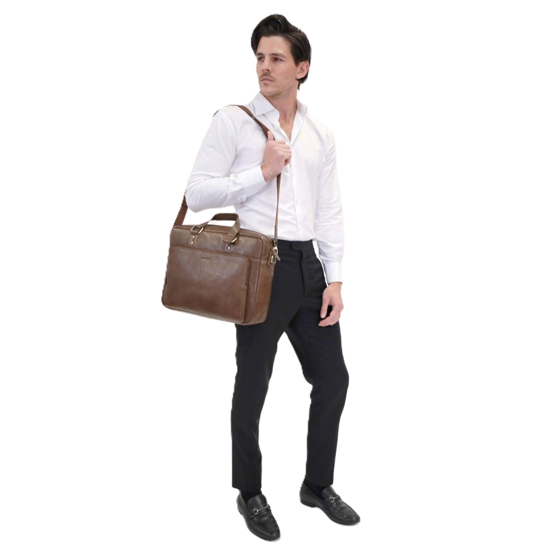 Pierre Cardin Mens Rustic Leather Business-Laptop Bag in Oak