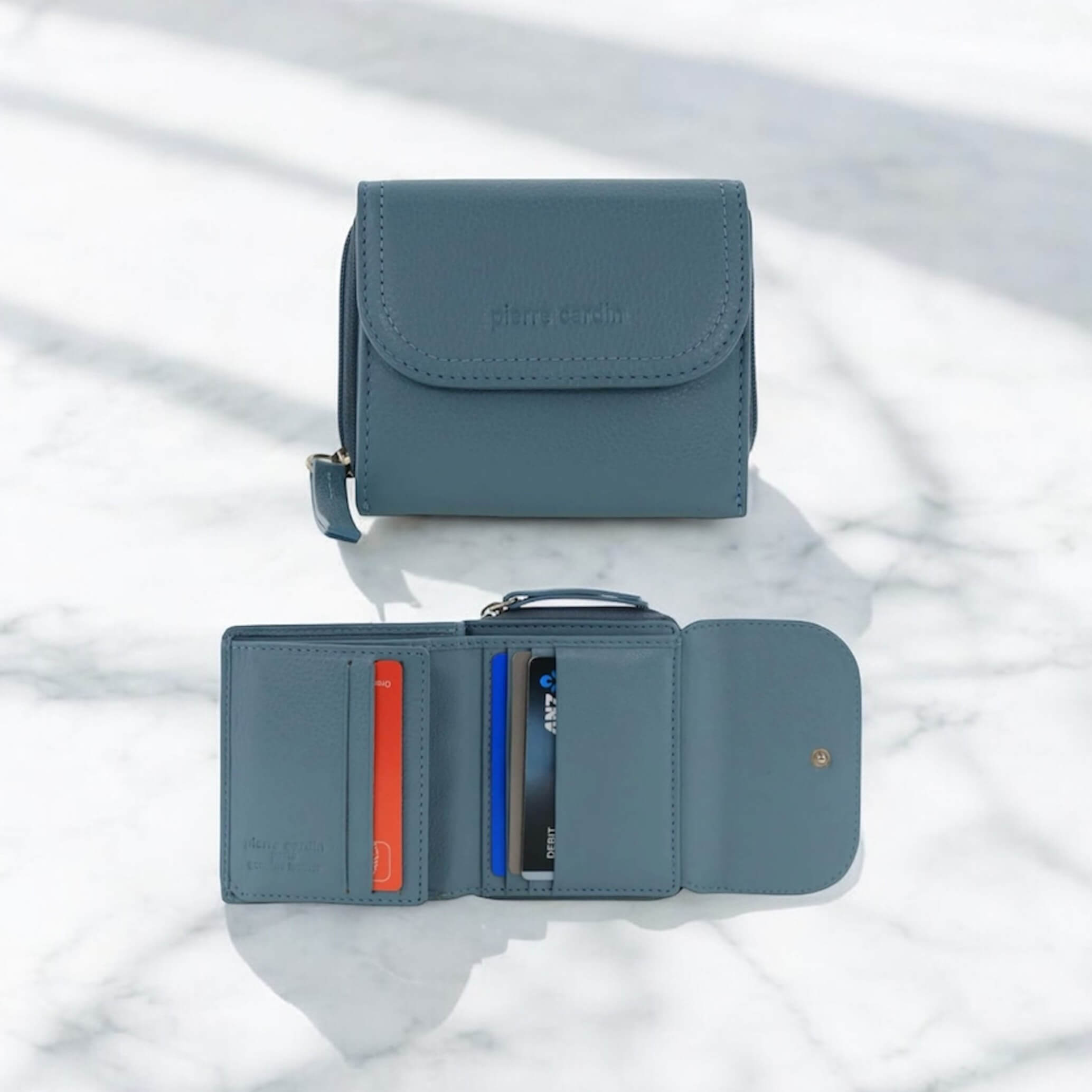 Pierre Cardin Ladies Tri-fold Tab Leather Wallet in Blue