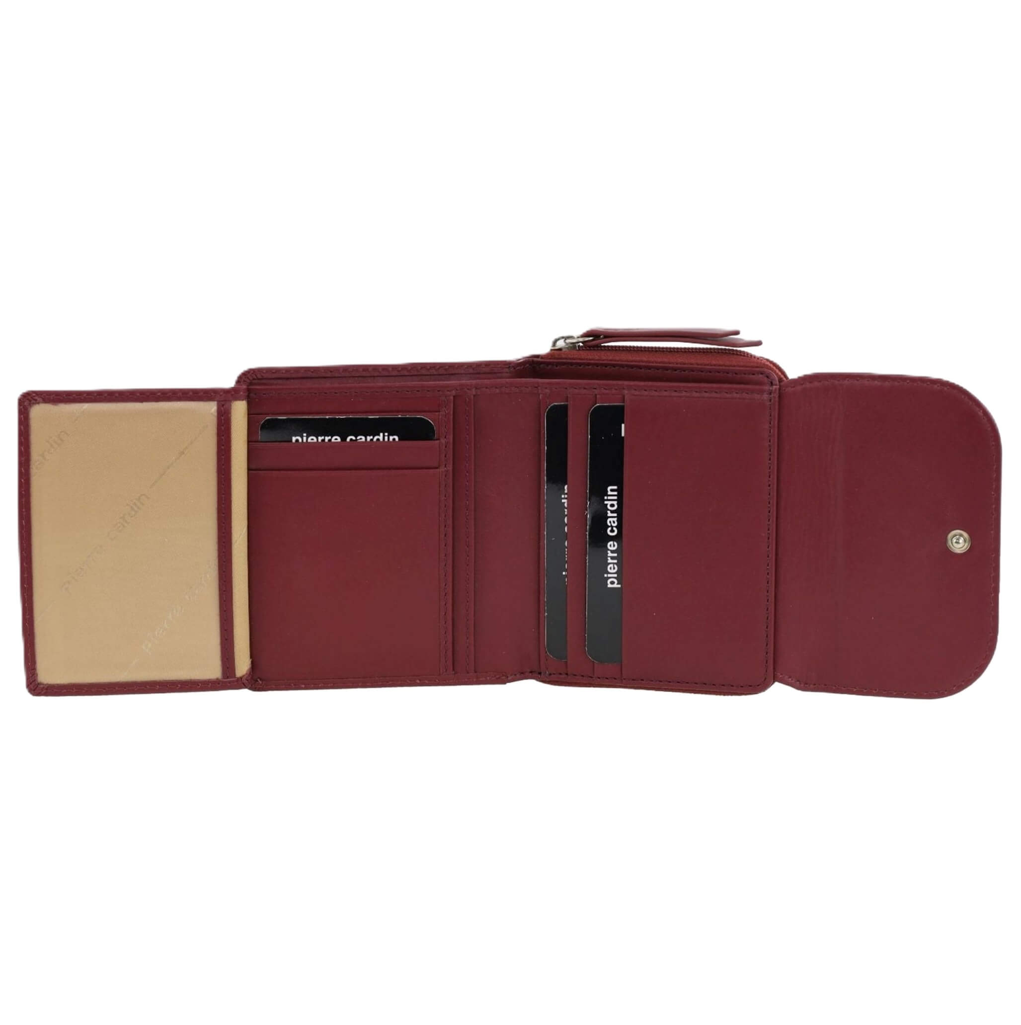 Pierre Cardin Ladies Tri-fold Tab Leather Wallet in Wine