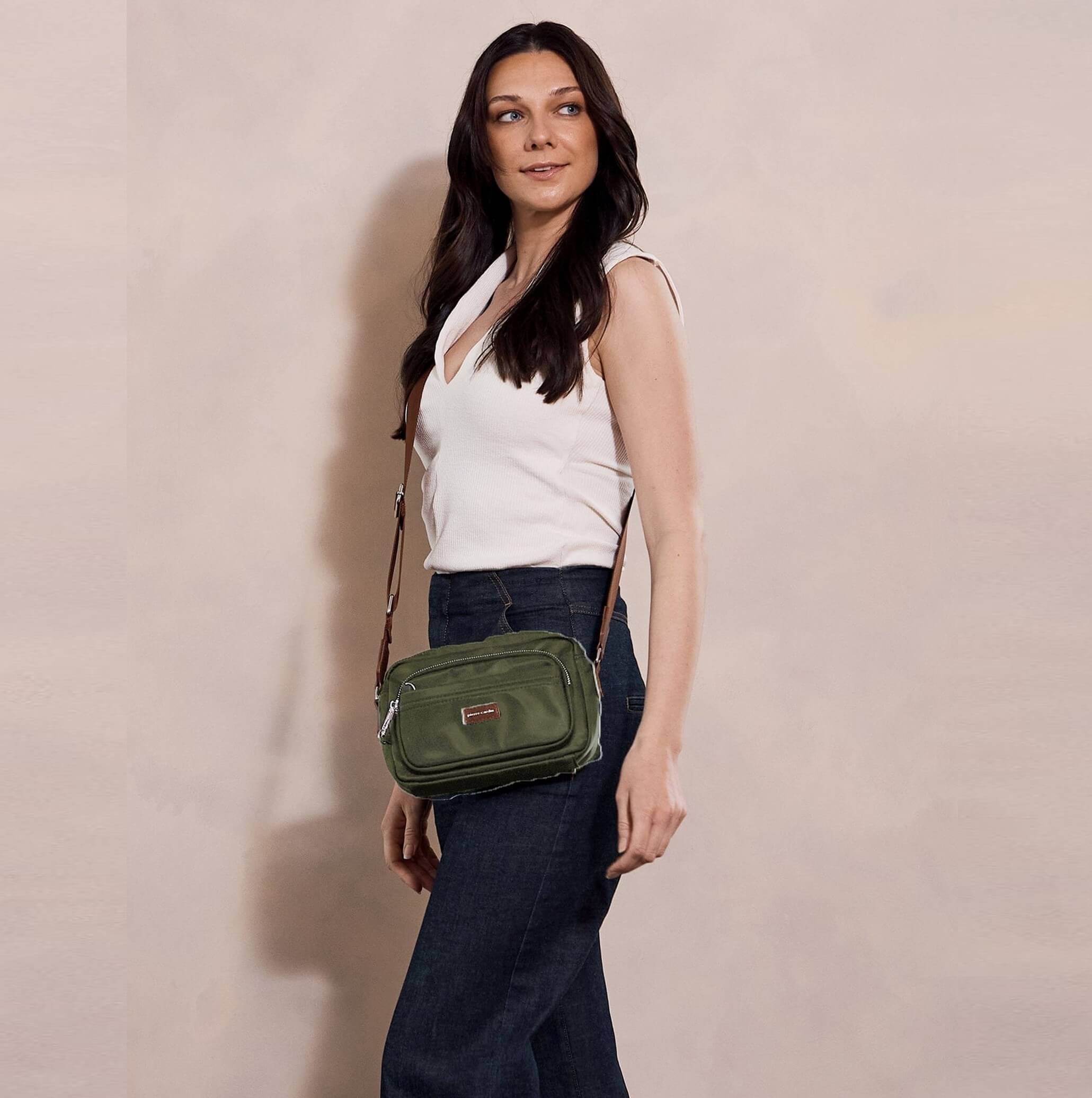 Pierre Cardin RFID Anti-Theft Nylon Crossbody Bag in Olive