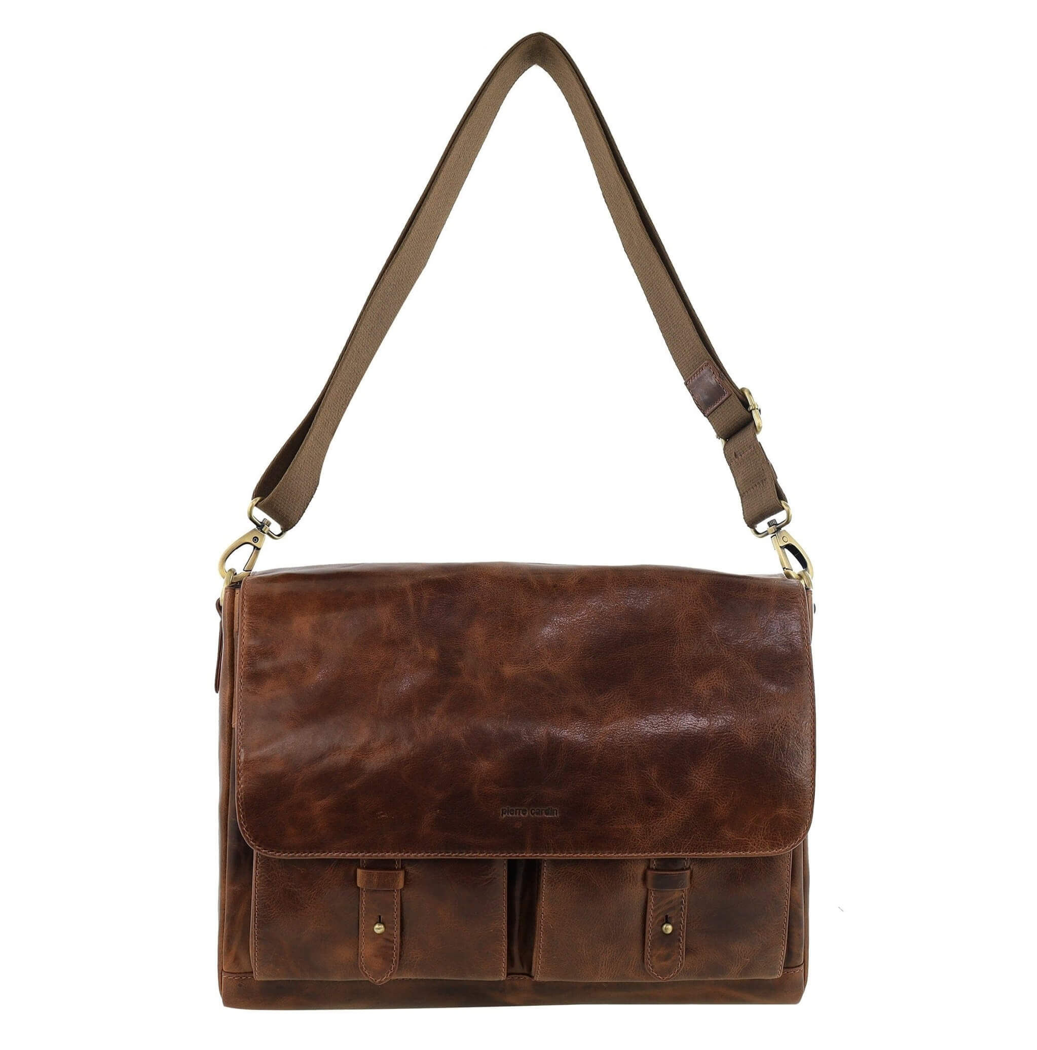 Pierre Cardin Men's Leather Refined Messenger/Computer Bag in Cognac