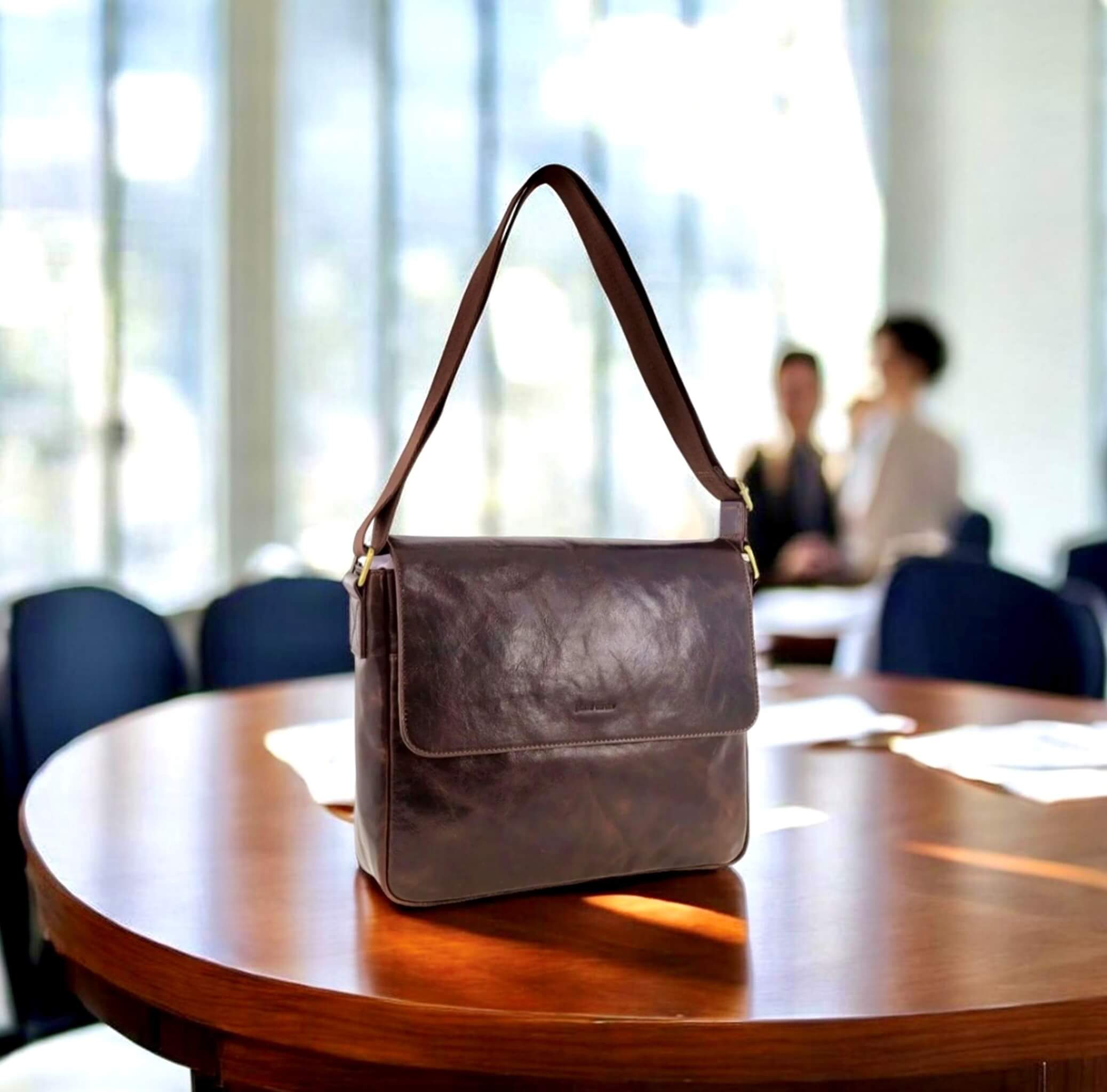 Pierre Cardin Classic Leather Messenger/Laptop Bag in Chocolate