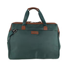 A dark green nylon duffel bag with brown leather handles, trim, and a front brand patch. The brand name Pierre Cardin is visible on the patch.