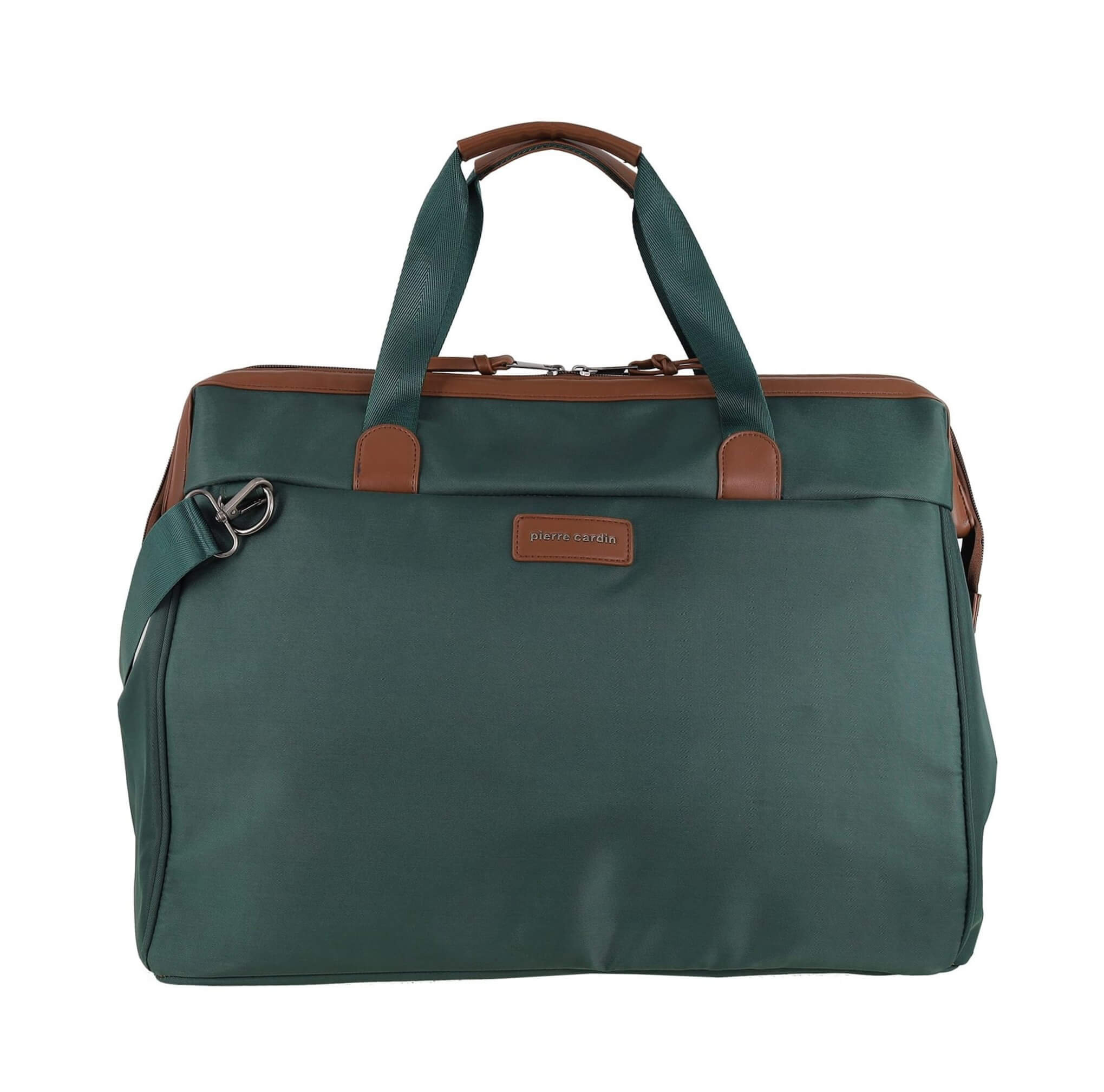 A dark green nylon duffel bag with brown leather handles, trim, and a front brand patch. The brand name Pierre Cardin is visible on the patch.