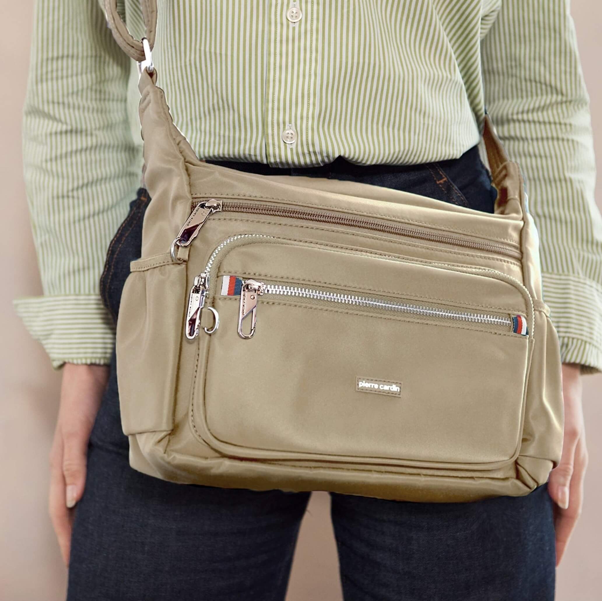Pierre Cardin RFID Anti-Theft Nylon Crossbody Bag In Camel